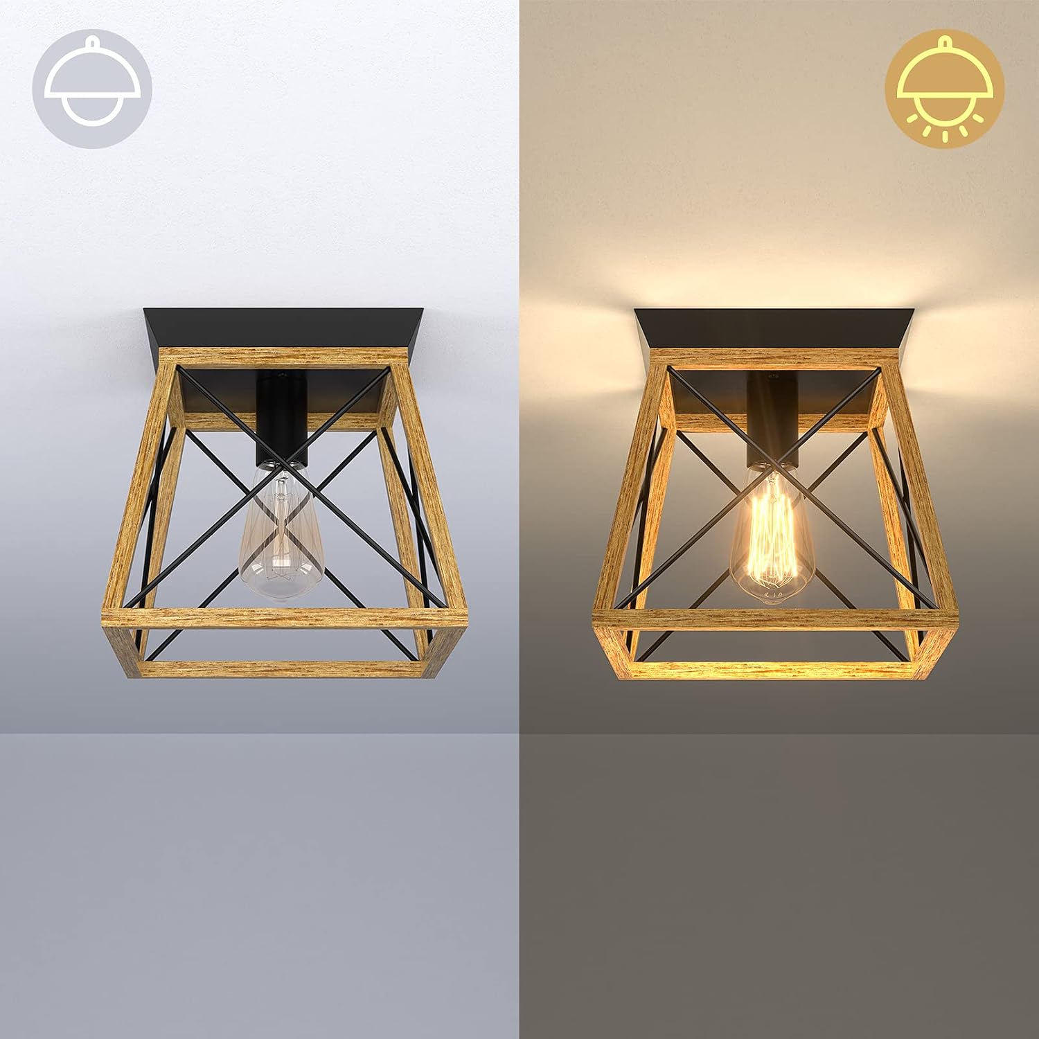 Tangkula Rustic Farmhouse Ceiling Light, Industrial Flush Mount Ceiling Light Fixture w/E26 Blub Socket, Vintage Ceiling Lights for Kitchen Dining Room Entryway, Metal Frame & Wood Grain Finish