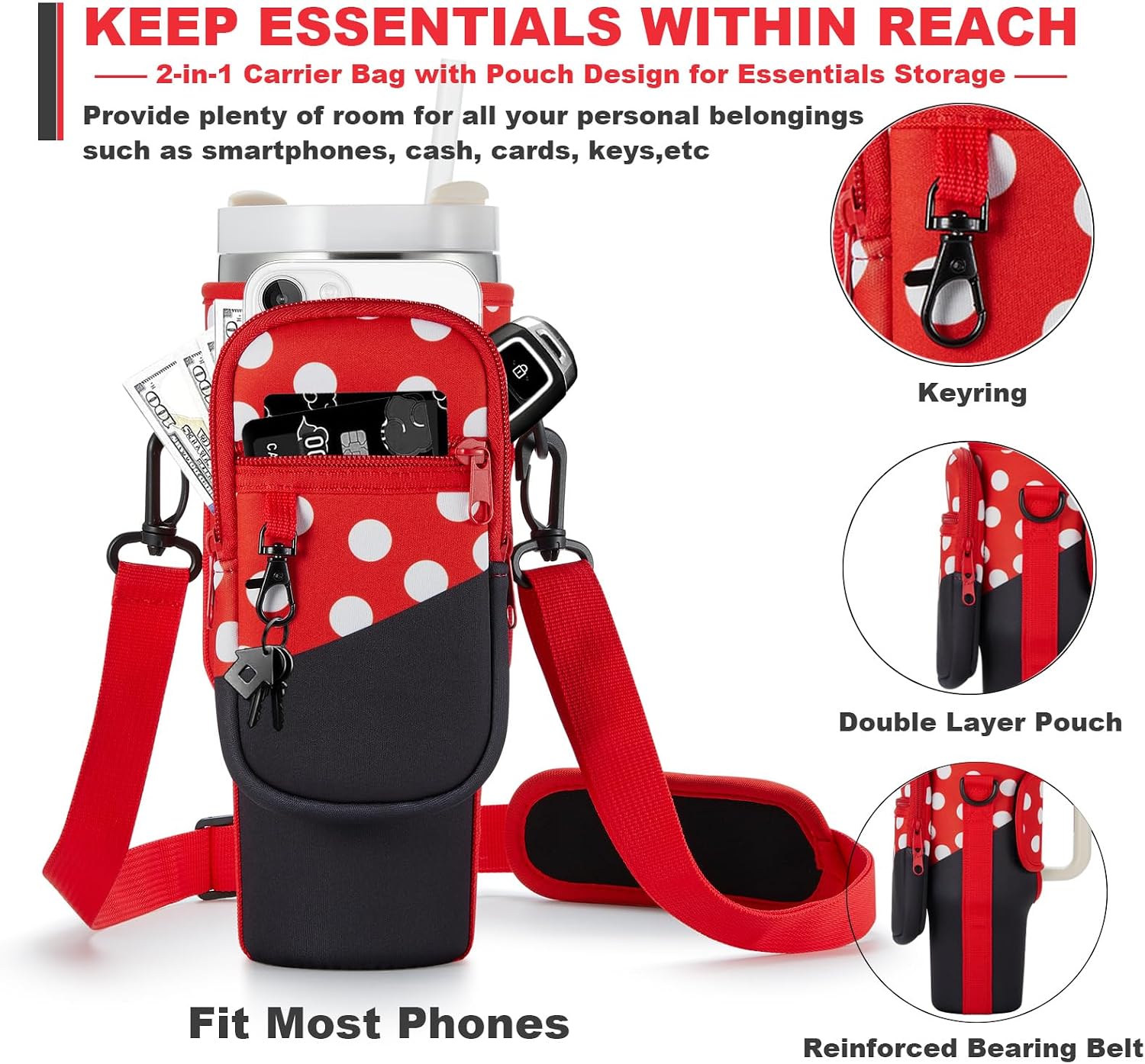 BULKITEM Water Bottle Carrier Bag with Phone Pocket for Stanley 40 & 30 oz Tumbler with Handle,Pink Insulated Neoprene Cup Holder Pouch w/Adjustable Strap for Quencher H2.0 Stanley Cup Accessories image 3