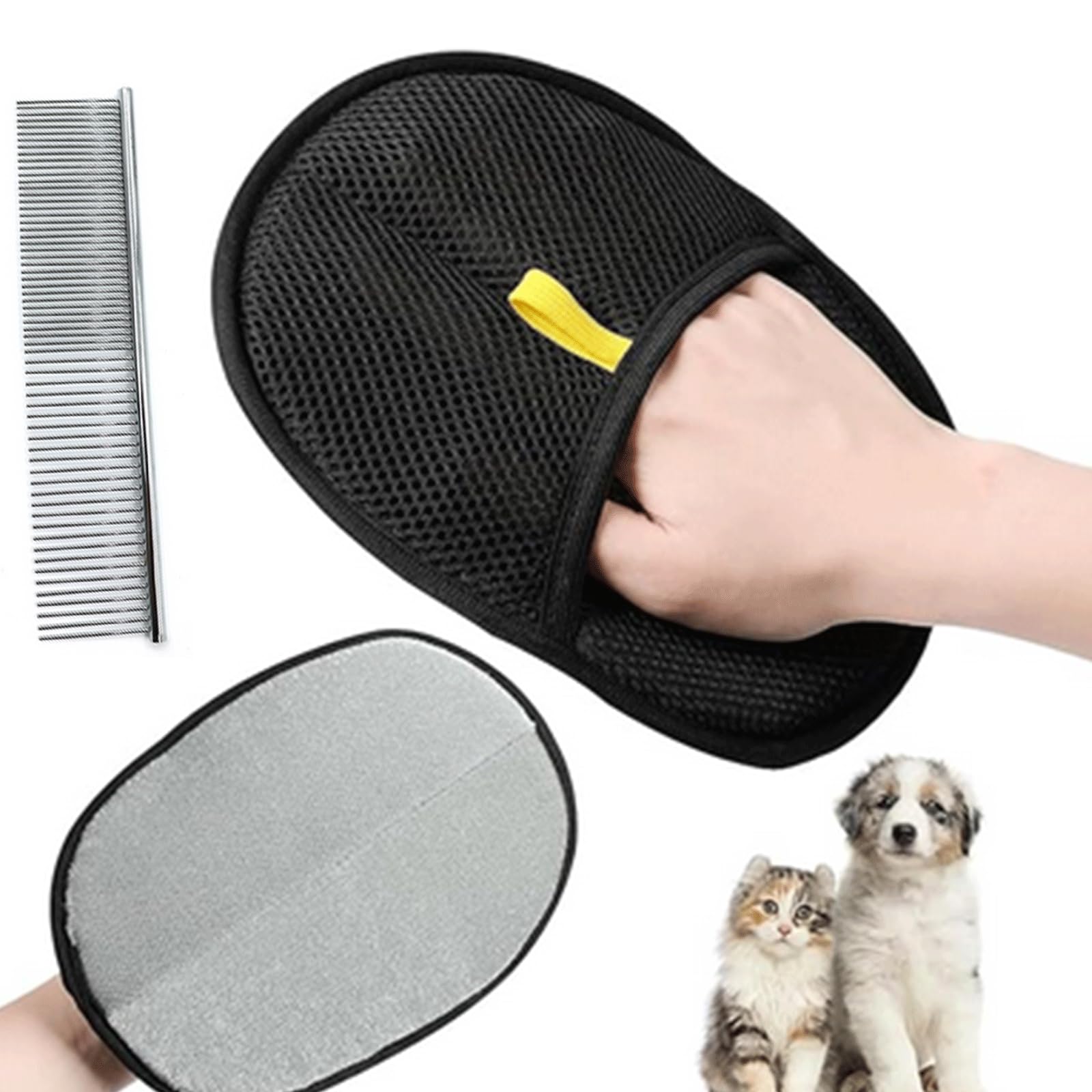 rflaueo 2pcs Pet Grooming Gloves Static Removal Gloves Pet Hair Double Sided Grooming Gloves for Dog Cat with Pet Comb for Grooming Deshedding