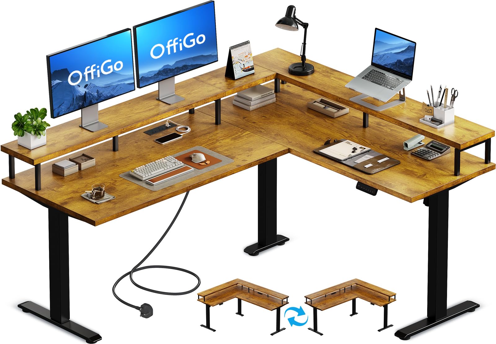 OffiGo Standing Desk, 150x120cm L Shaped Desk with Power Outlets, Height Adjustable Corner Table with Monitor Stander, Electric Stand up Rising Table for Home Office Workstation, Rustic Brown โ image 1