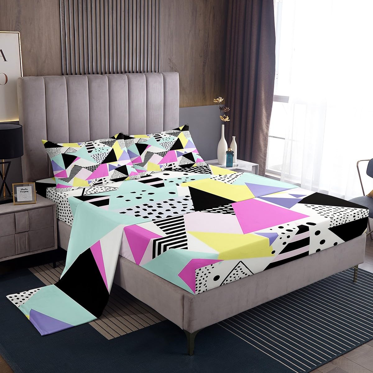 Parure de lit 4 pièces Memphis pour enfants avec housse et taies géométriques colorées