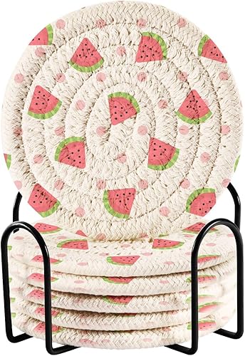 innewgogo Polka Dot Watermelon 6 Pcs Absorbent Drink Coasters for Tabletop Protection Handmade Round Woven Coaster with Holder & Heat Water