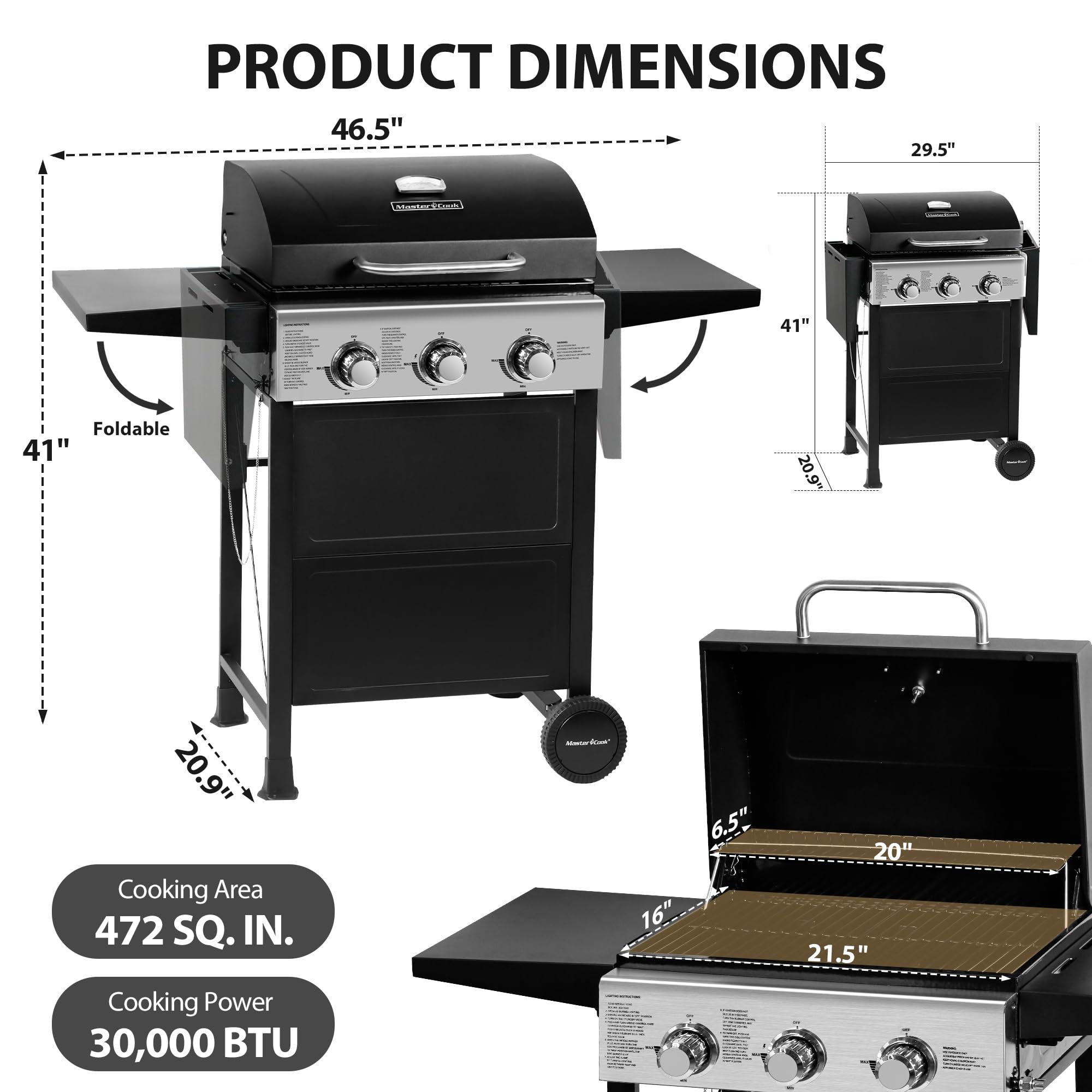 MASTER COOK Grill gazowy z 3 palnikami, stal nierdzewna, 30 000 BTU, patio, ogród, grill z dwiema składanymi półkami