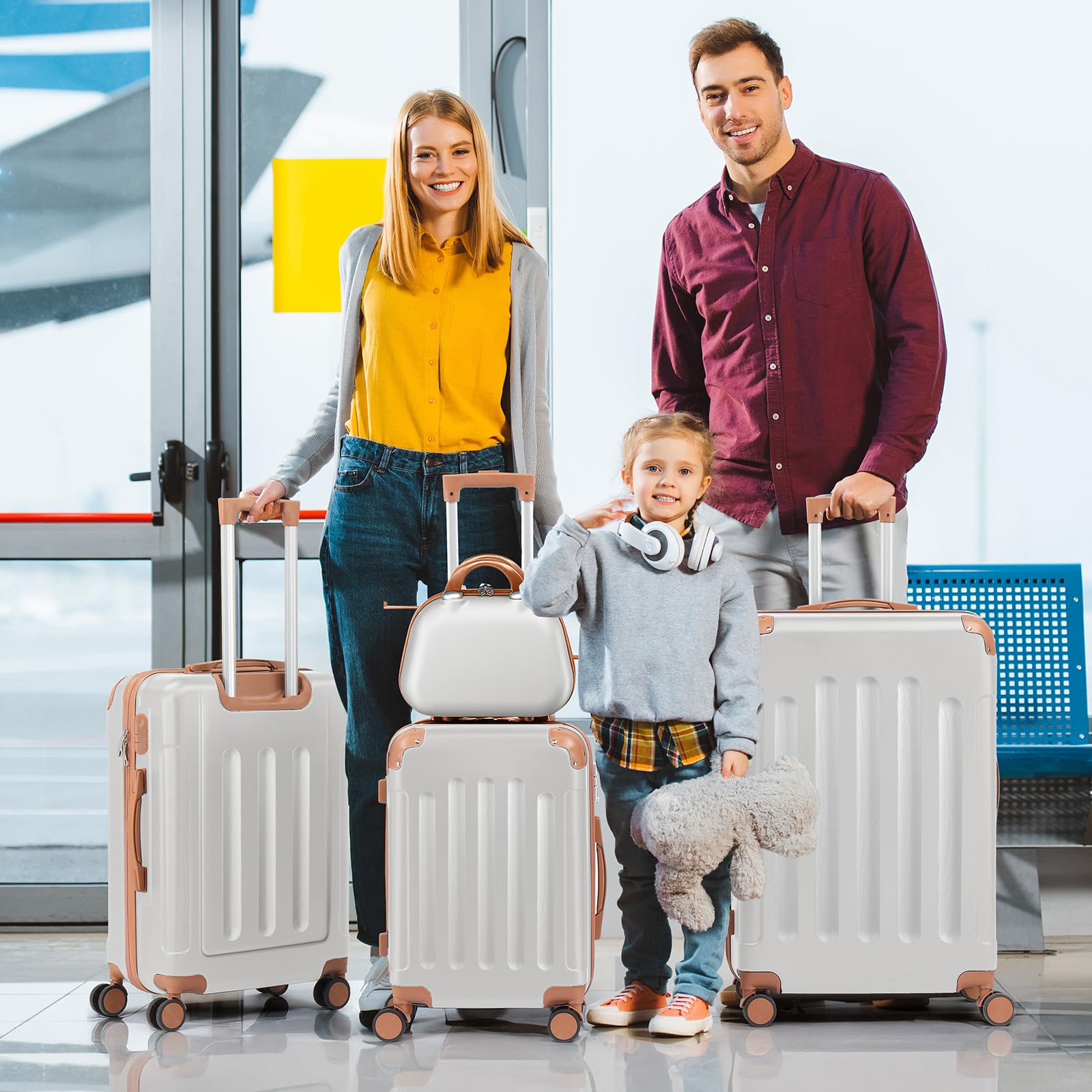 LALAHO Set de 4 Valises avec Vanity Case, Valise Grande Taille & Cabine, Petite Valise, ABS avec Coins Renforcés, roulettes Pivotantes 360° (Beige-Marron)