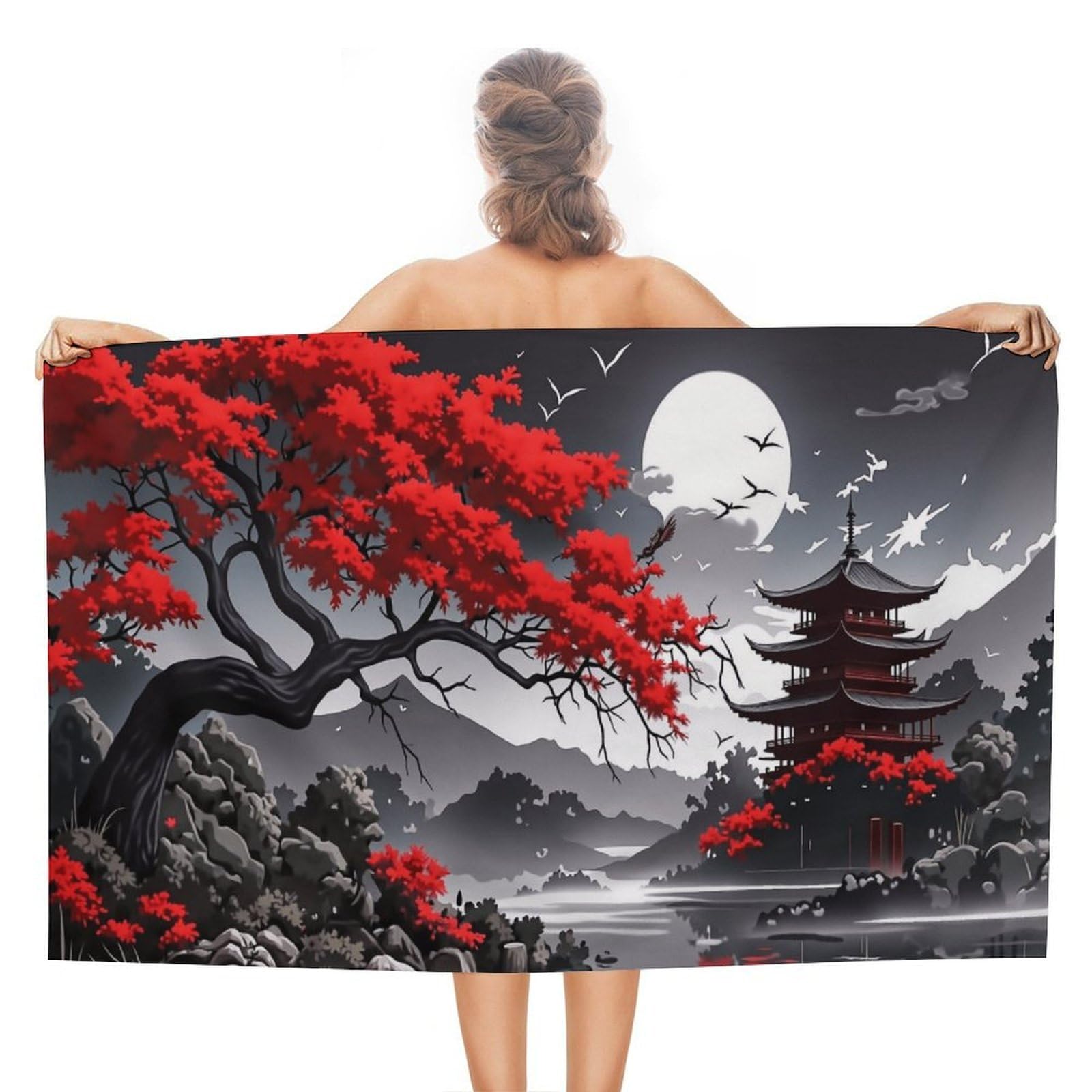 Anceky Oriental Moonlight Pagoda Beach Towel Microfiber Soft Absorbent Oversized Large Bath Towel Blanket Thin Quick Dry for Adults Swimming Pool Yoga Gym Travel 51"X31"