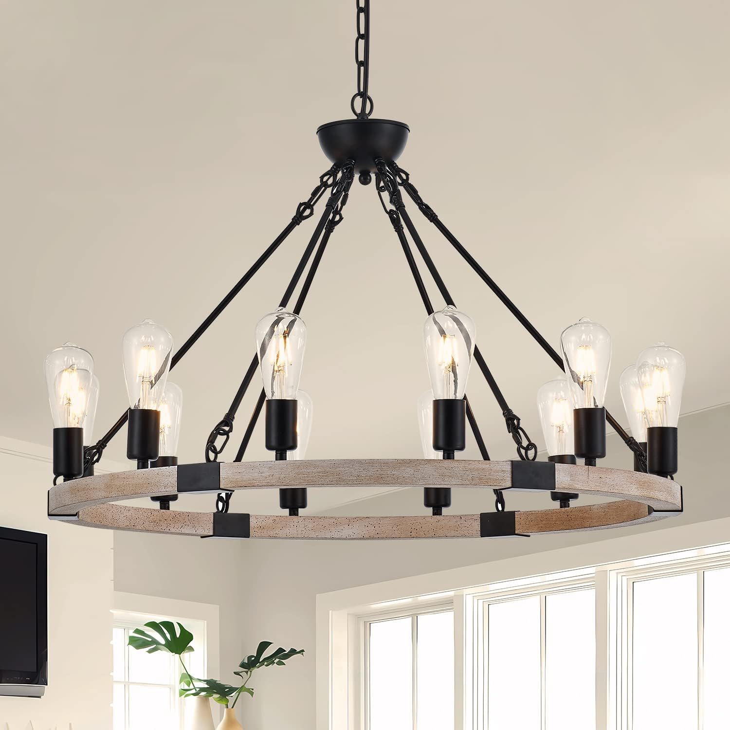 12-Light Wooden Wagon Wheel Chandelier Farmhouse, 31.5'' Black&Cream Colored Chandelier Pendant Light for Living Room, Industrial Rustic Round Wood Chandeliers for Dining Room Entryway Porch