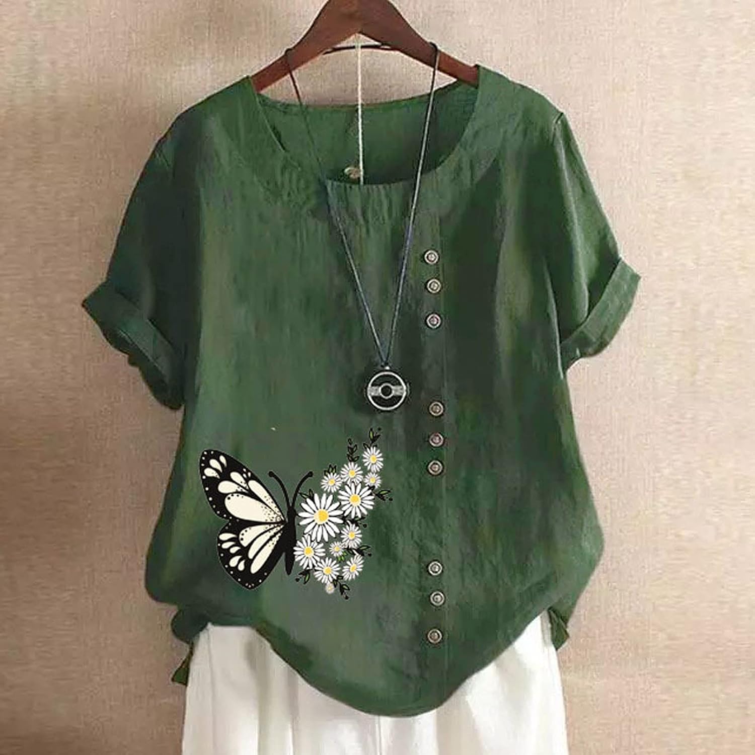 Women's Linen Cotton T-Shirts Summer Plus Size Tops Trendy Butterfly Print Casual Loose Fit Short Sleeve Button Blouse at  Women’s Clothing store