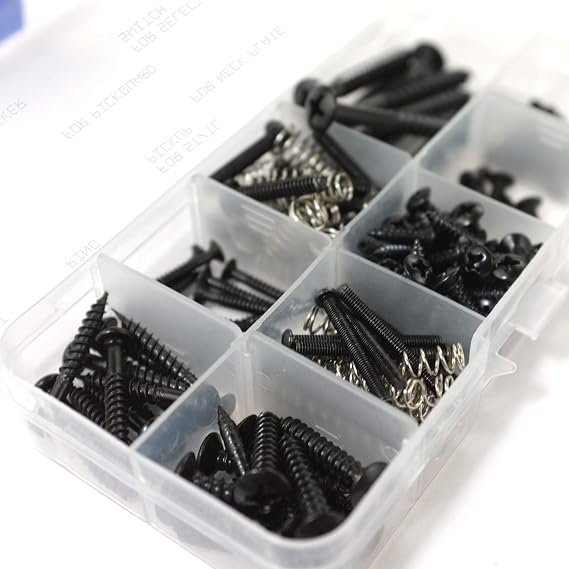MAKA Guitar Screw Kit Assortment Box Kit for Electric Guitar Bridge, Pickup, Pickguard, Tuner, Switch, Neck Plate, with Springs, 9 Types, Total 149 Screws, Black