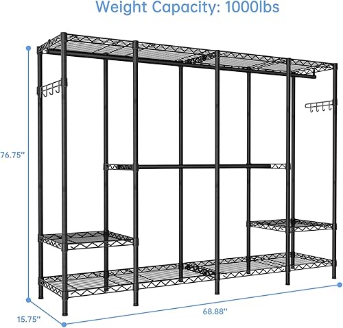 Vista 41 de Perchero de ropa grande resistente, estante de ropa portátil independiente con 8 estantes de alambre ajustables, 3 barras para colgar, 4 cajones