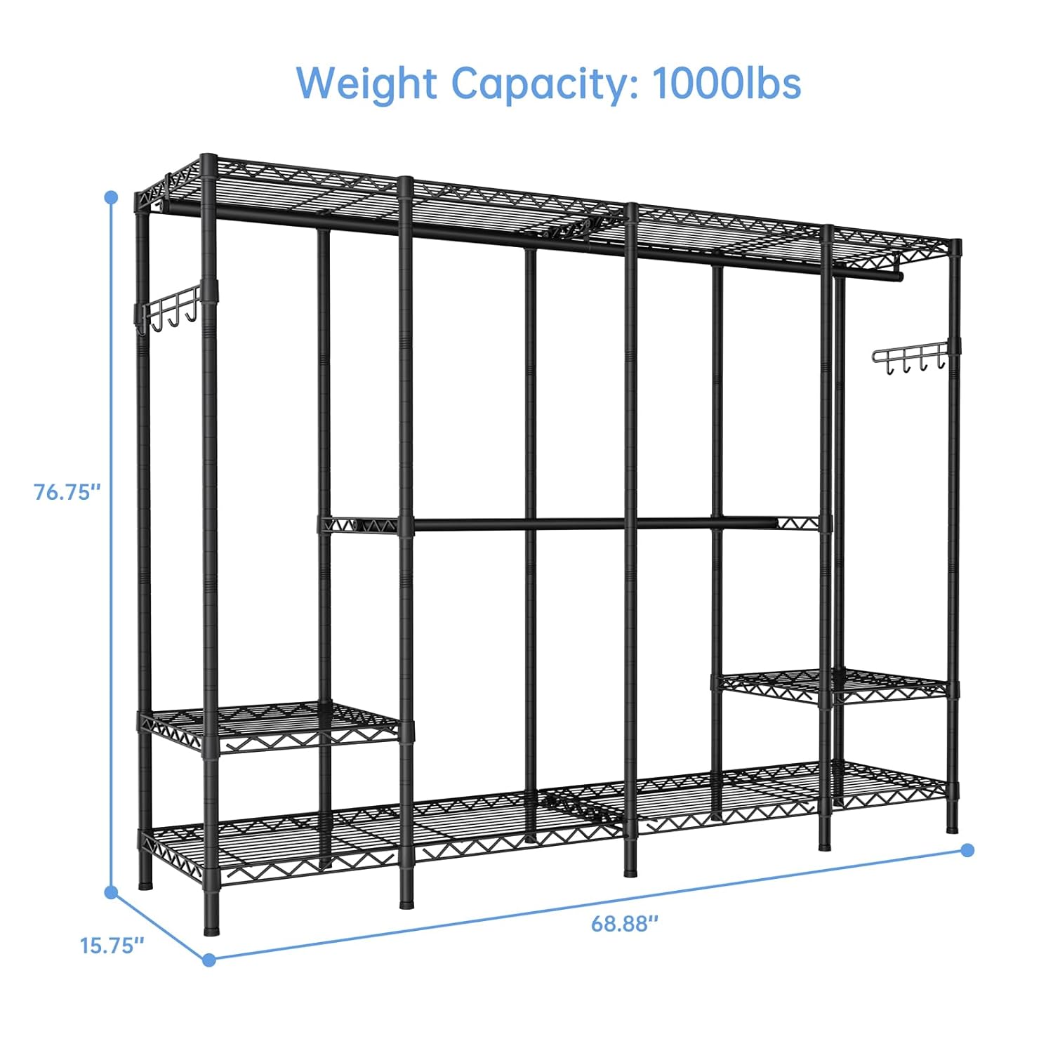 Diagram showing the dimensions of the assembled wardrobe rack: 76.75 inches height, 68.88 inches length, and 15.75 inches width, with a weight capacity of 1000 lbs.