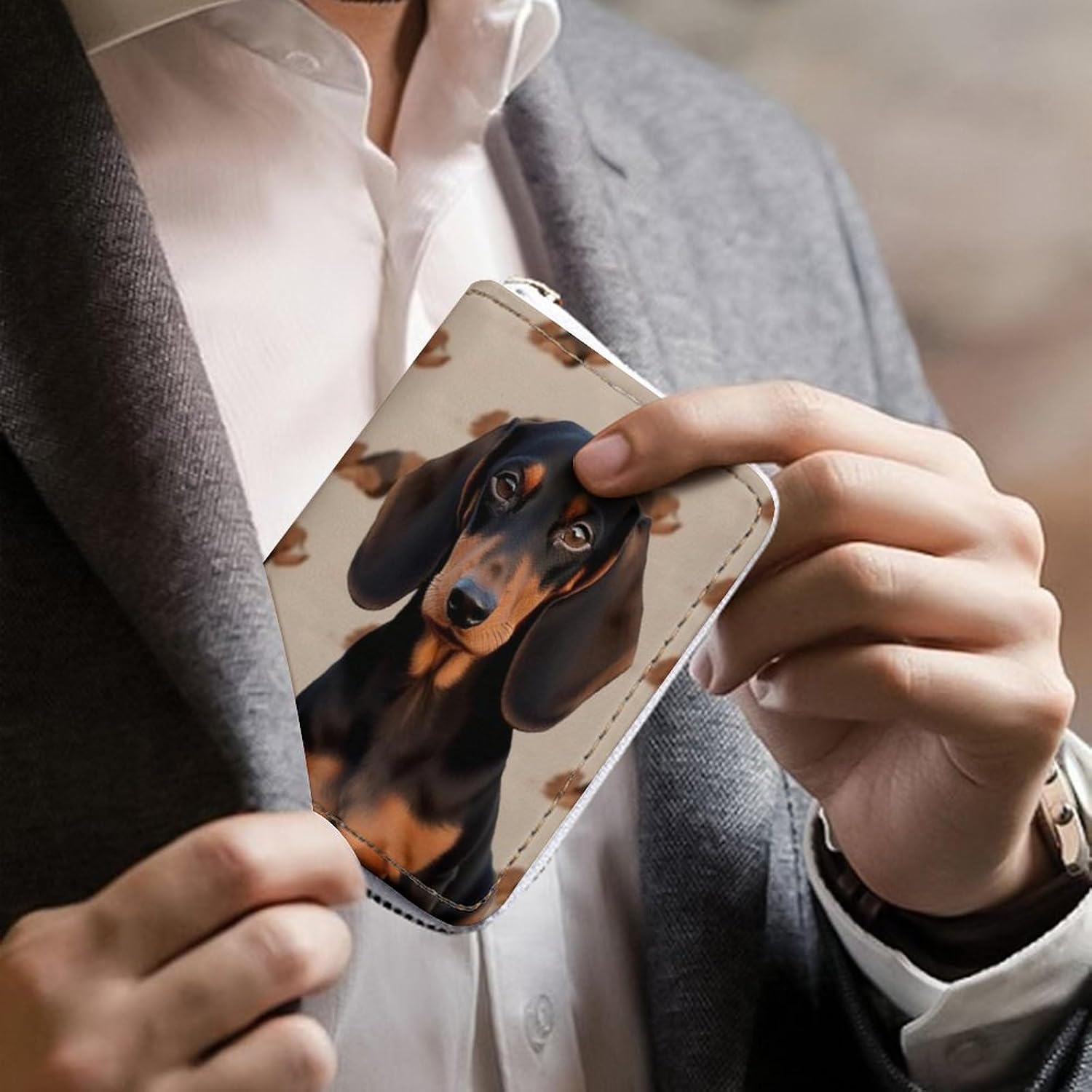 Leather Card Organizer Case Card Wallet Credit Card Holder Dachshund Dog Printed Zipper Card Cases Holder for Women Men