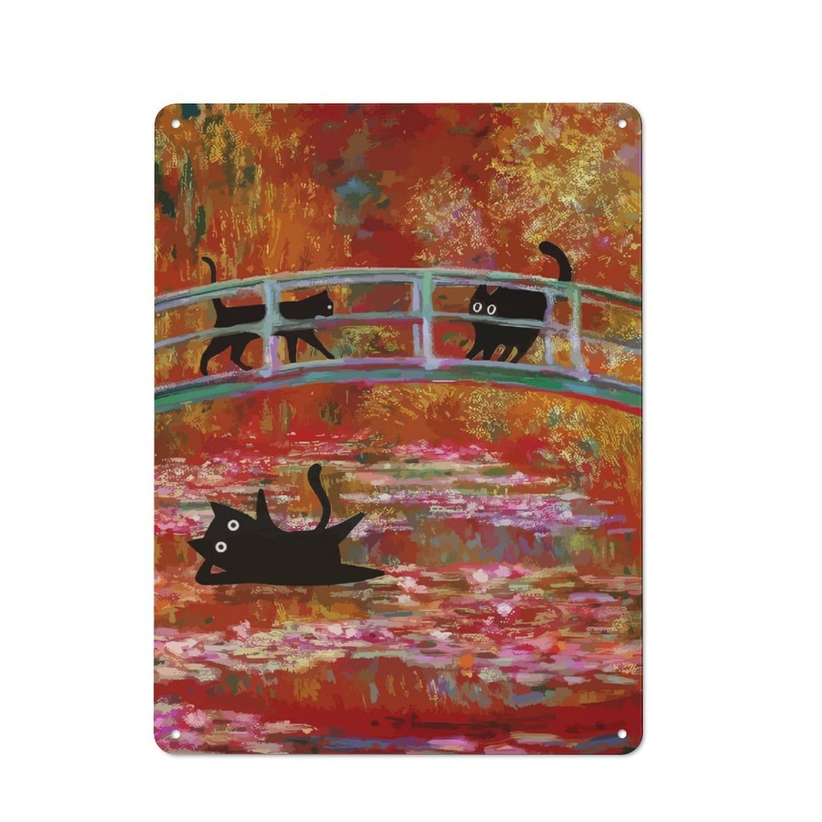 Junmoney Monet Cat Waterlilies Rustic Metal Sign 40X30cm For Workshop Wall, For Collectors Of Rustic Metal Wall Decor