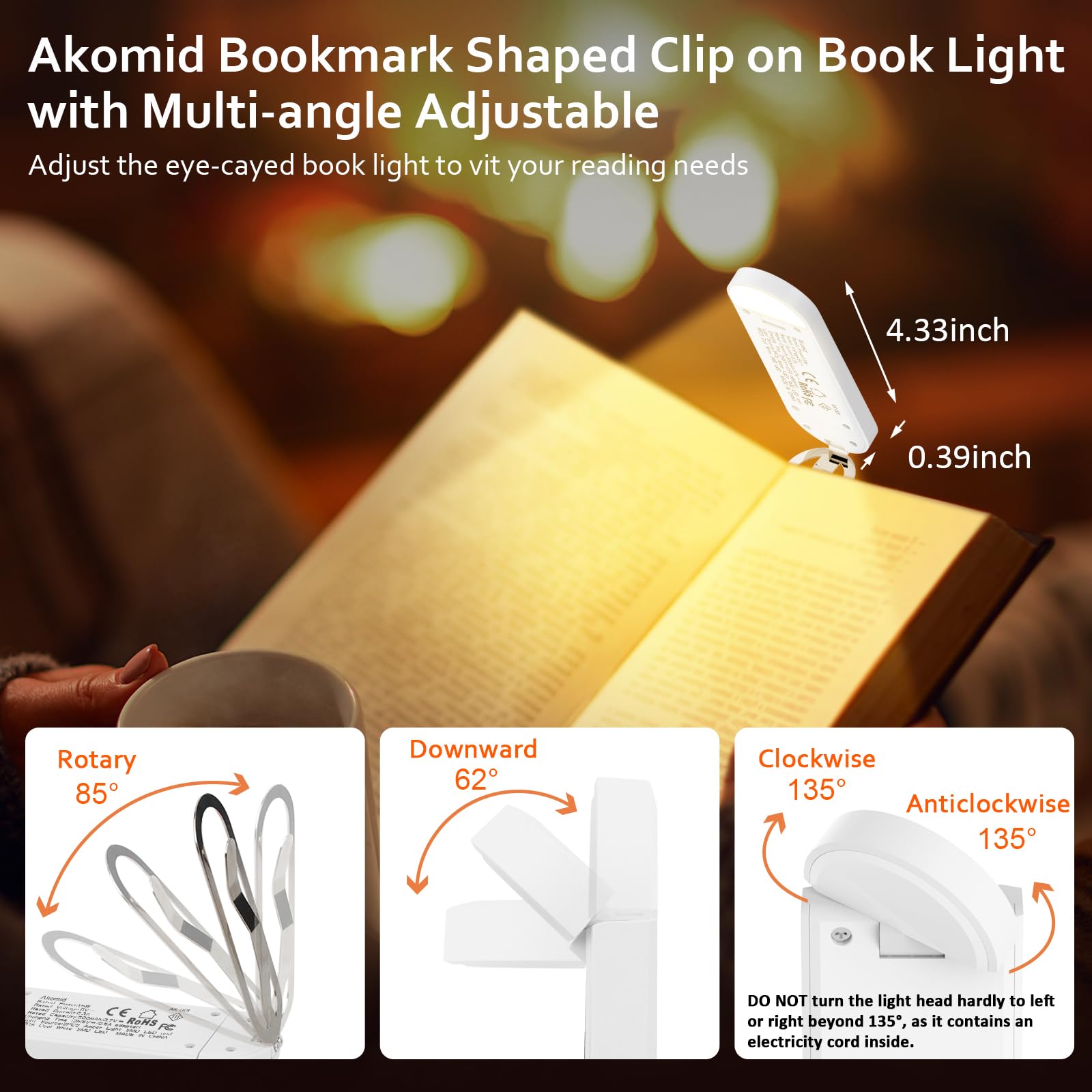 Akomid Lampada da lettura ricaricabile tramite USB, luce ambrata per gli occhi, luce da libro per leggere a letto per bambini, segnalibro a 8 LED, luce portatile a clip, oscuramento continuo, bianco