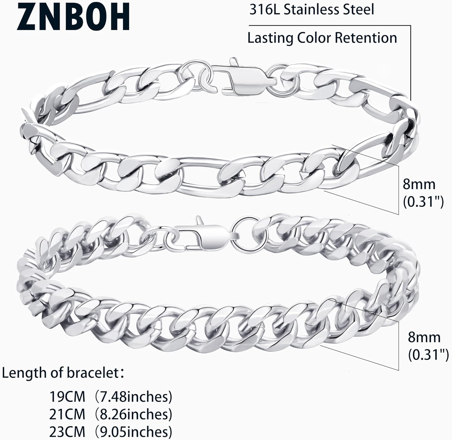 2Pcs Stainless Steel Bracelets for Men 14K Gold Plated Cuban Link Figaro Rope Silver Chain Bracelet Set Curb Width Sturdy Bracelet 7.5/8.3/9 Inches Jewelry Gifts for Dad Husband - Image 4