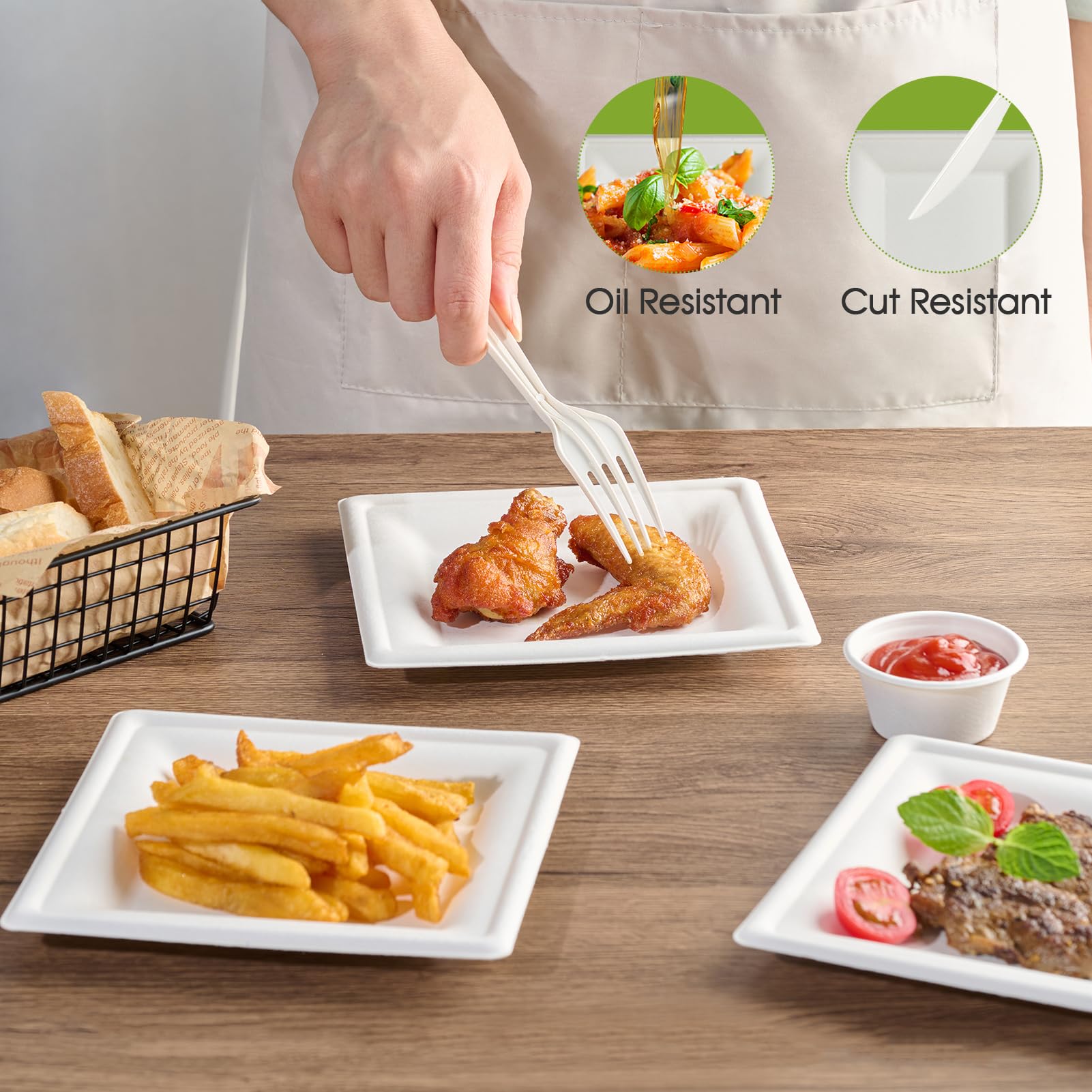 ECOLipak Kompostierbare, quadratische Pappteller, 15,2 cm, 300 Stück, strapazierfähig, weiß, kleine Vorspeisenteller, Einweg-Teller, biologisch abbaubare Dessertteller für tägliche Mahlzeiten,