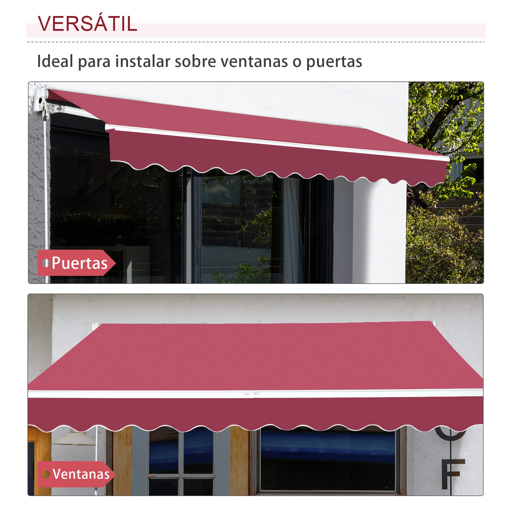 Outsunny Toldo Manual Retráctil 4x2,5 m Ángulo Ajustable Rojo | Toldo Exterior Terraza, Brazo Articulado, Estructura de Aluminio, Anti-UV e Impermeable, para Jardín