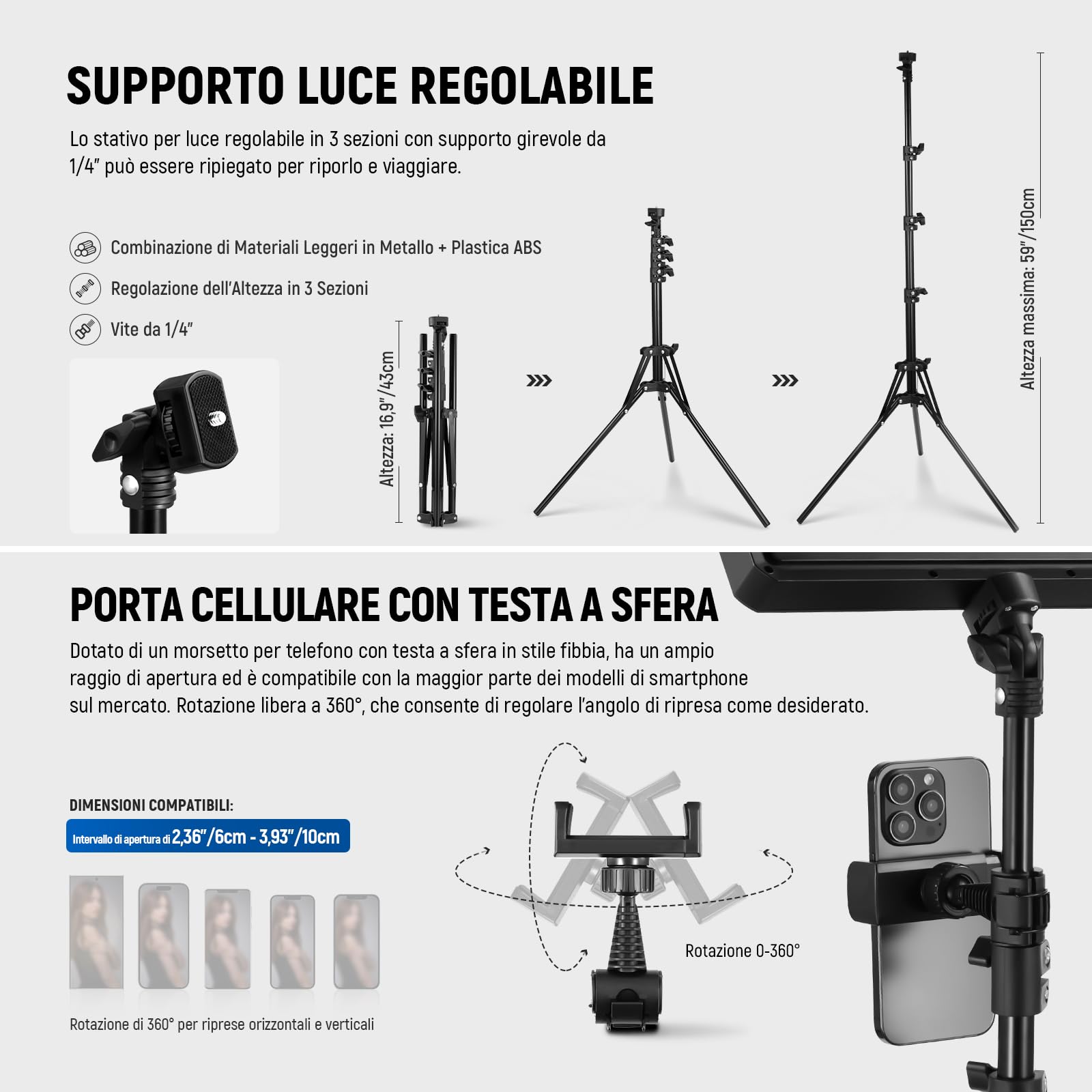 NEEWER Basics 2pz Luci Fotografiche a Pannello LED con Stativi 59''/Porta Telefono, Luce da Studio in Plastica Dimmerabile 2700-6500K 850Lux per Foto Video Film Streaming Live, Senza Adattatore,BP300