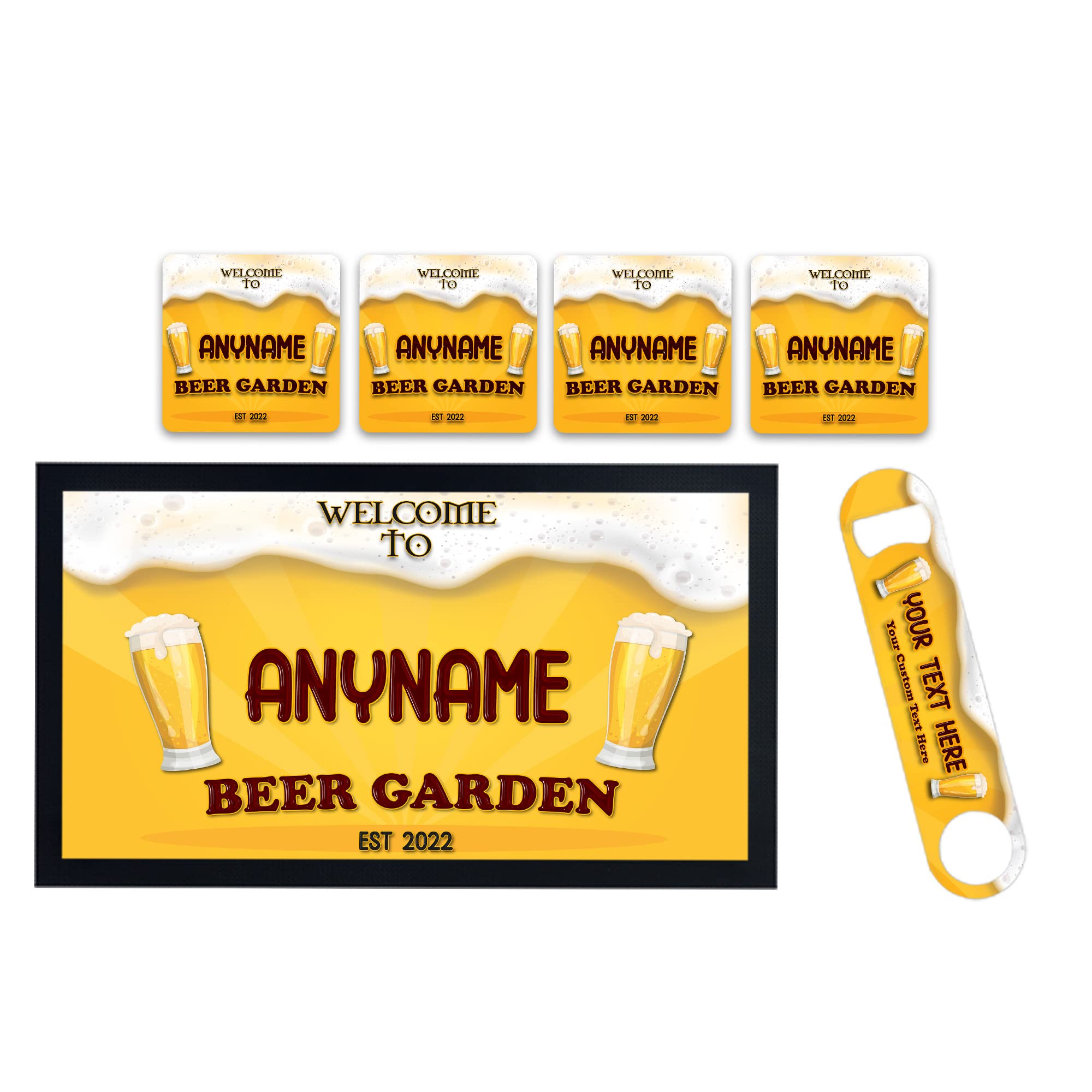 ShopQuality4U Personalise Beer Garden Cocktail Bar Runner Mat, optional: Matching Bottle Opener, Drinks Coasters, Gift Set Beer Gifts Home Bar Accessories for Pub Bars Man Cave Him Her Gin Oclock