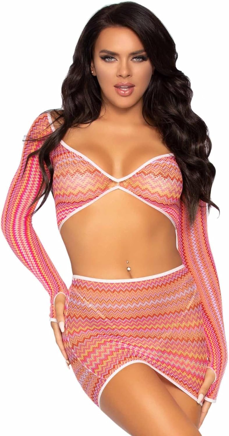 Leg Avenue womens 2 Pc Zig Zag Net Gauntlet Sleeve Crop Top and Mini Skirt Set