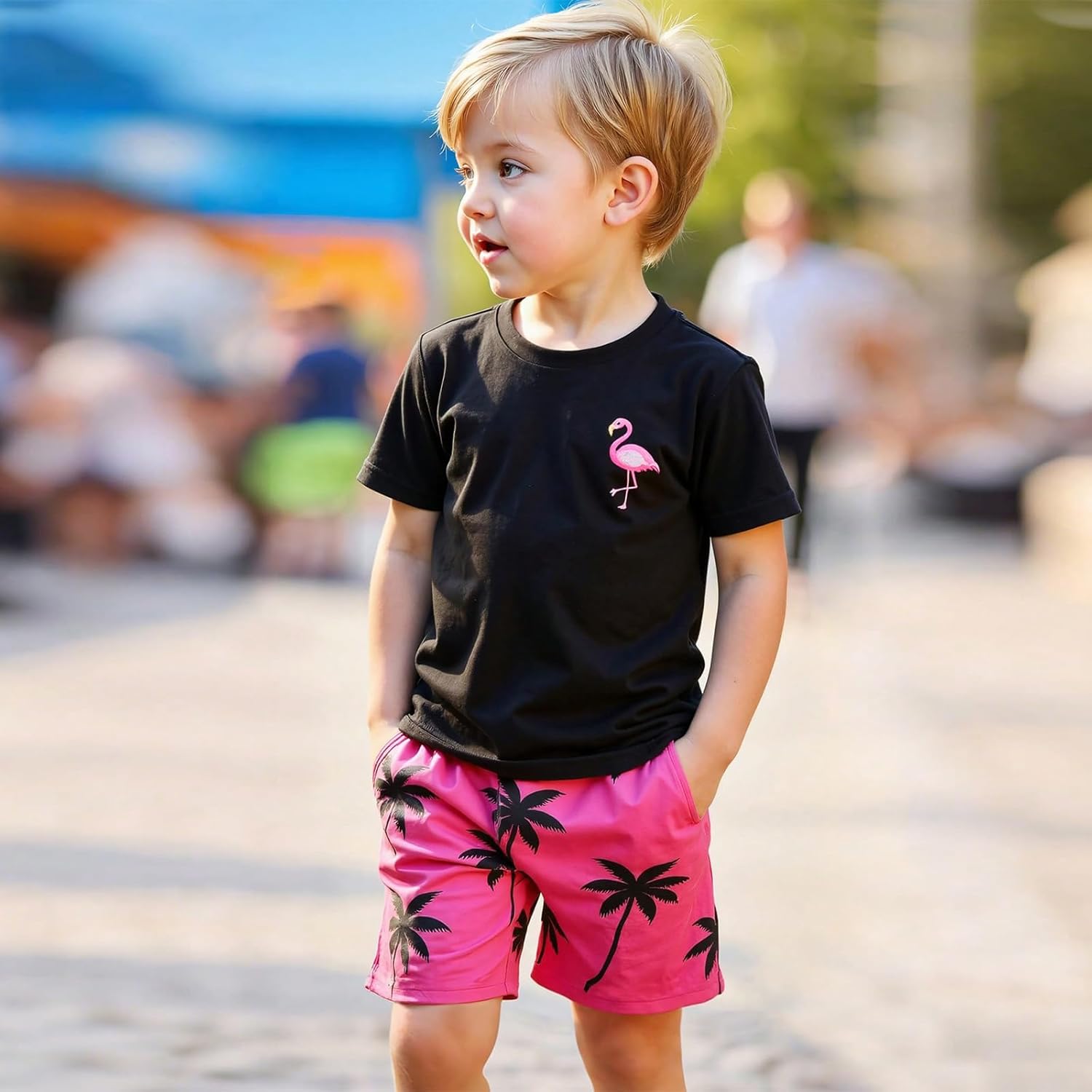Cute Casual Outfits for Boys, Black Short Sleeve T-Shirt and Hawaiian Shorts Boys' Flamingo Print Clothing Sets - Image 3