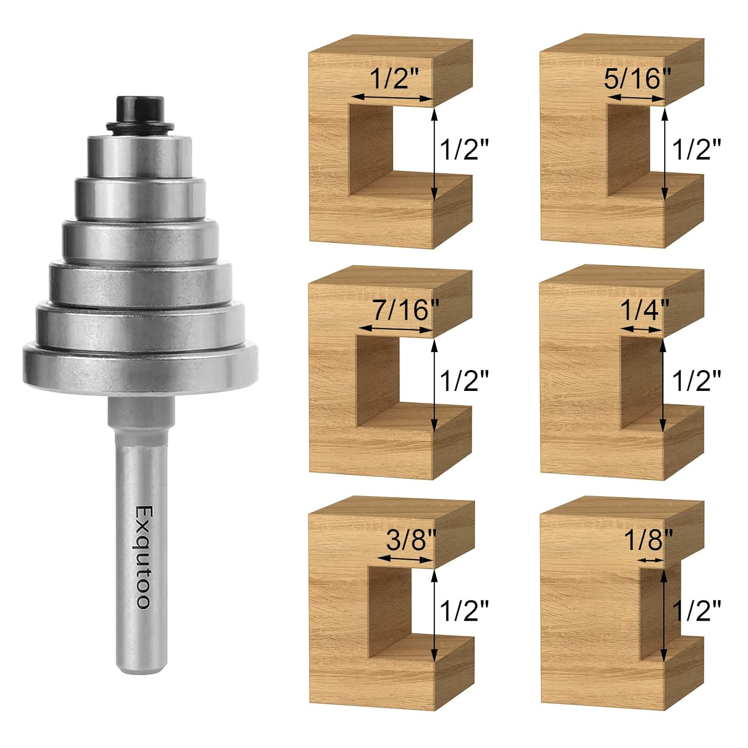 Exqutoo 1/2 Inch Shank Rabbet Router Bit Set with 6 Adjustable Bearing Carbide Tipped Rabbeting Bit(1/8",1/4",5/16" 3/8",7/16",1/2") CNC Router Bits Woodworking Tools for Doors Drill Bit…