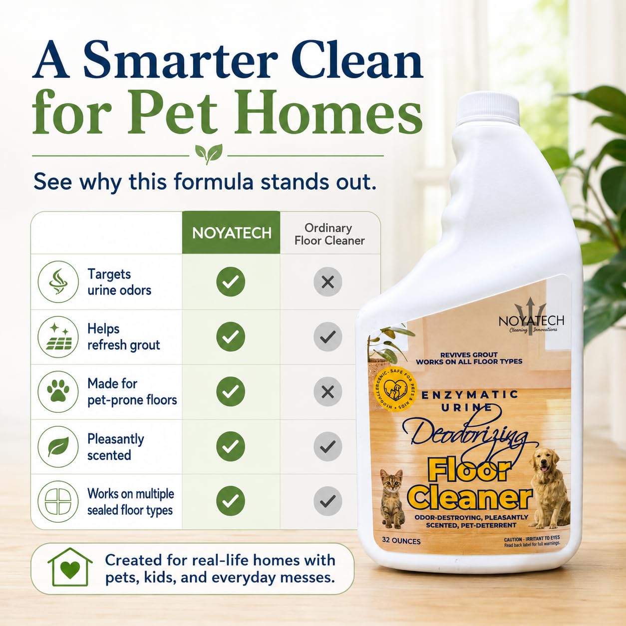 NOYATECH Limpiador de pisos para mascotas para trapear, enzimas orina y eliminador de olores, seguro para madera dura, azulejos, laminado y lechada, concentrado para orina de perro y gato, 32 onzas