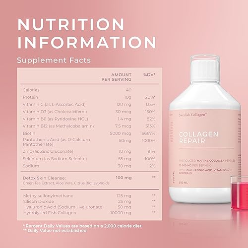 Miniatura 8 de Swedish Collagen Reparación  Suplemento líquido de colágeno marino hidrolizado de 10,000 mg - 16.9 fl oz, suministro de 20 días I ácido hialurónico,