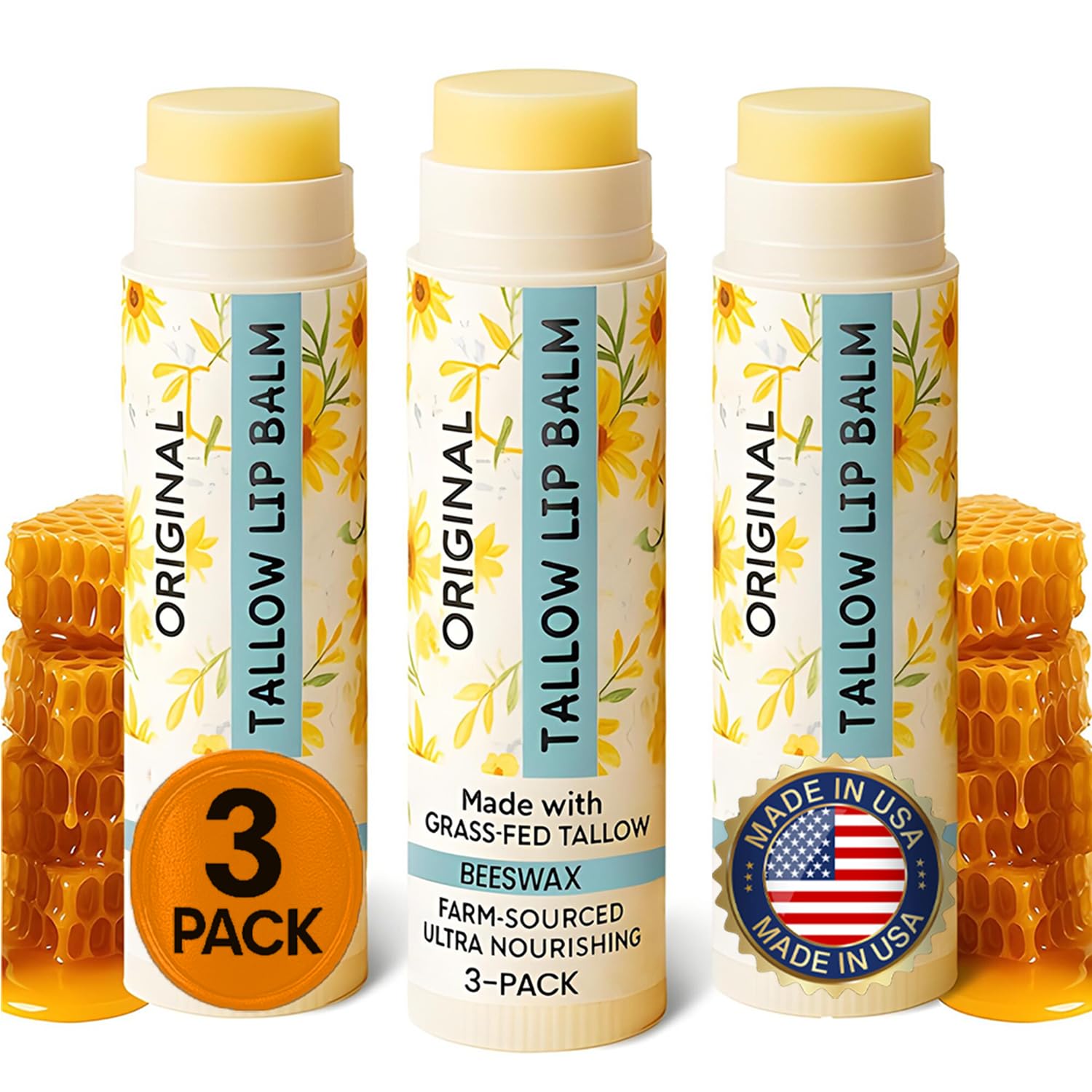 Tallow Lip Balm by Cattle Creek – Organic, All-Natural Ingredients, Long-Lasting Moisture and Hydration for Dry, Cracked, and Chapped Lips, Soothing Formula for Soft Skin (Pack of 3, Original)