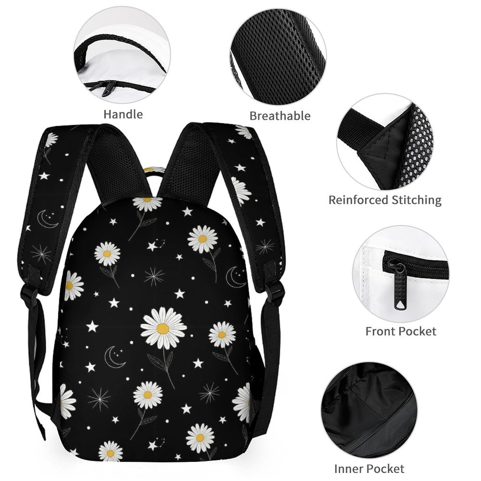Ensemble sac à dos à motif marguerite soleil et lune avec boîte à lunch, trousse de maquillage et accessoires de toilette.