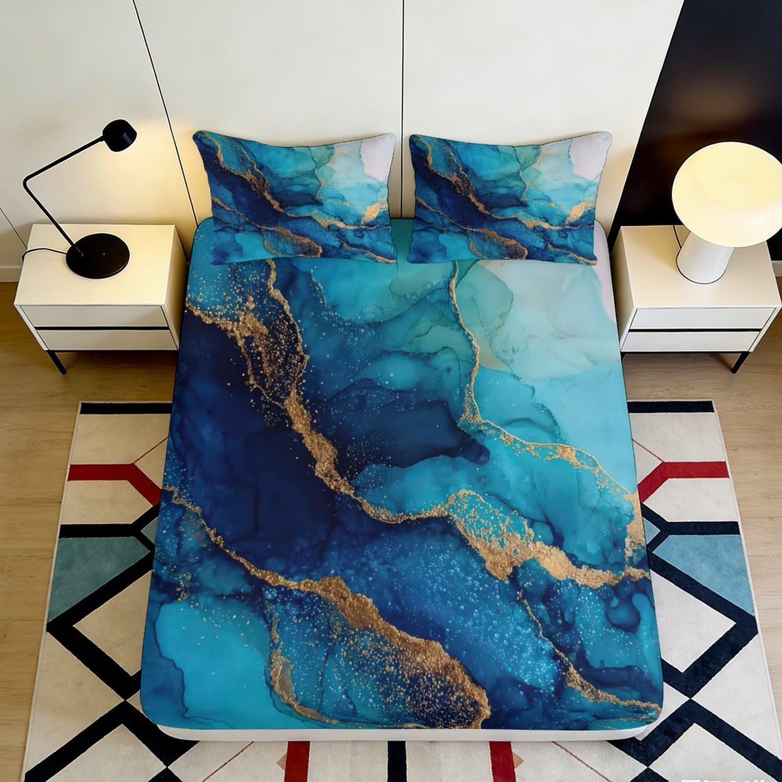 Jqzkxnhpbr Style-2 3D Printed Ocean Marble Fitted Sheet Microfiber Artistic Blue Gold Abstract Bed Cover For Bedroom Guestroom Decor 90X200x25cm