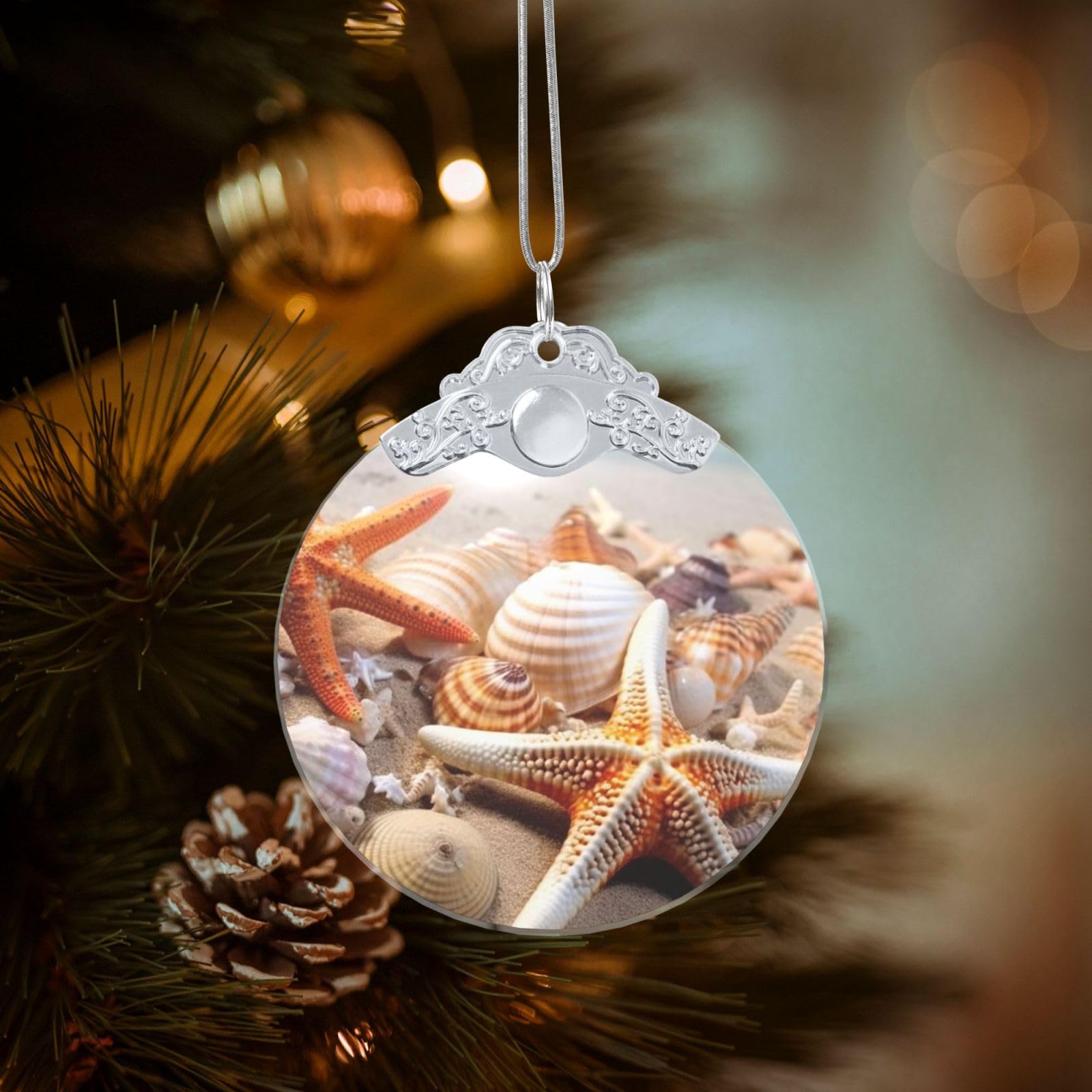 Beach Starfish Shells Christmas Ornament 2025, Round Glass Xmas Hanging Pendant for Xmas Tree Decoration,Cute Holiday Hanging Decorations Keepsake for New Year Family Party Wedding Decor