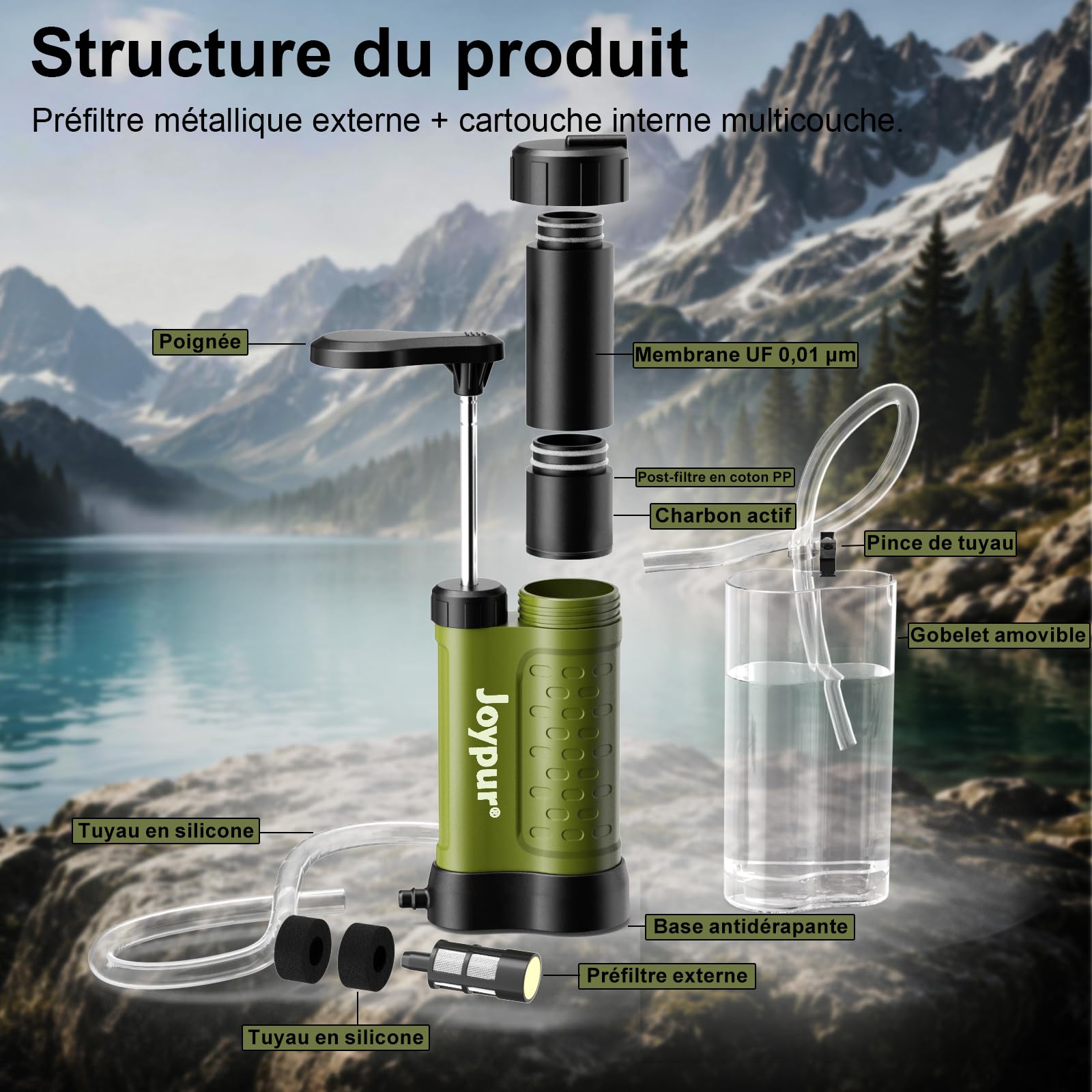 Filtre à Eau Portable 5 Étapes 0,01 μm, Pompe Filtrante Manuelle avec Gobelet 480 ml, Préfiltre Externe, Léger 340 g, pour Randonnée, Camping, Trekking et Activités en Plein Air（K8192-green）