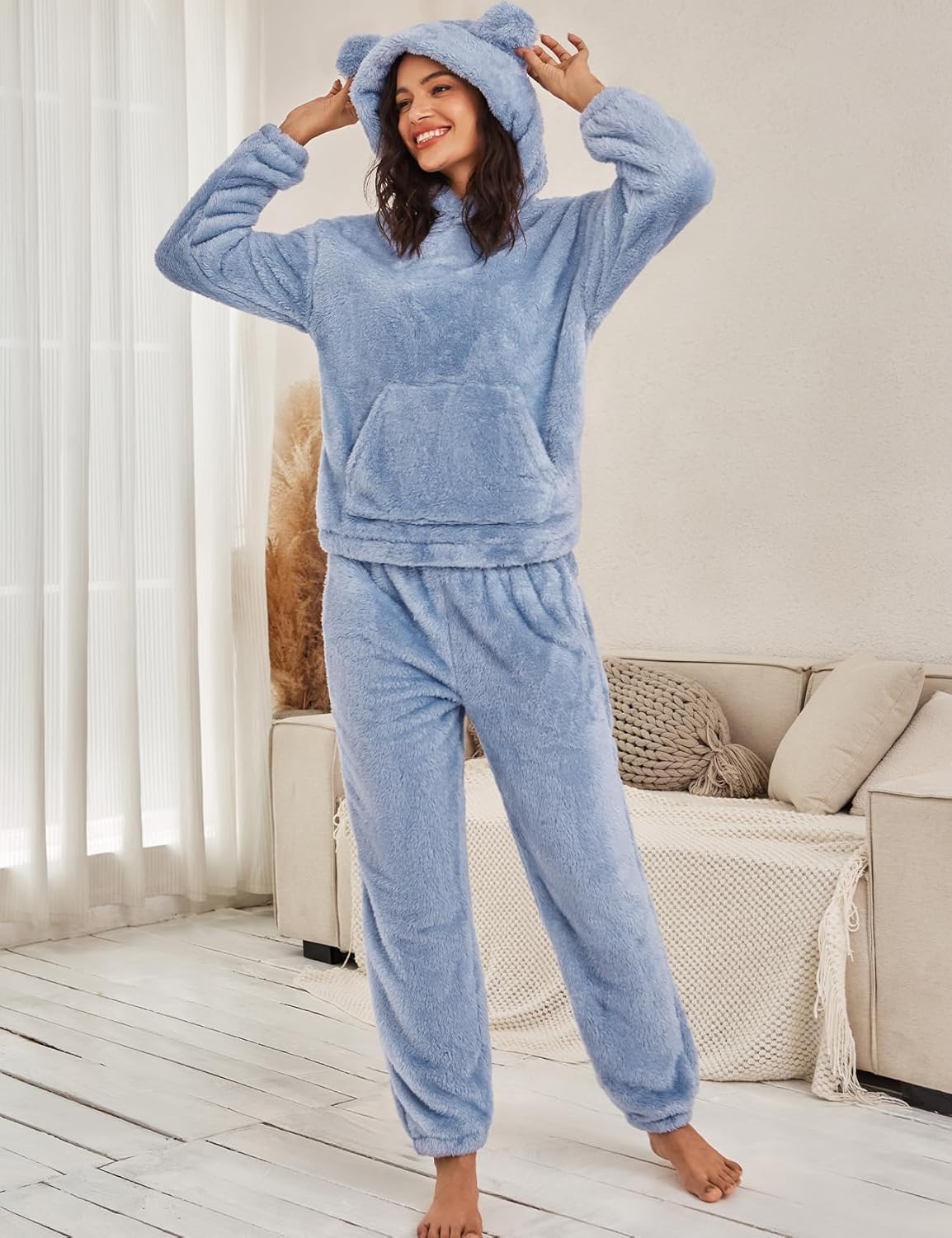Flygo Women's Fluffy Pajamas Sets Fleece Loungewear Pullover Bear Ear Fuzzy Hoodie Plush Pants 2 Piece Sleepwear with Pockets - Image 3