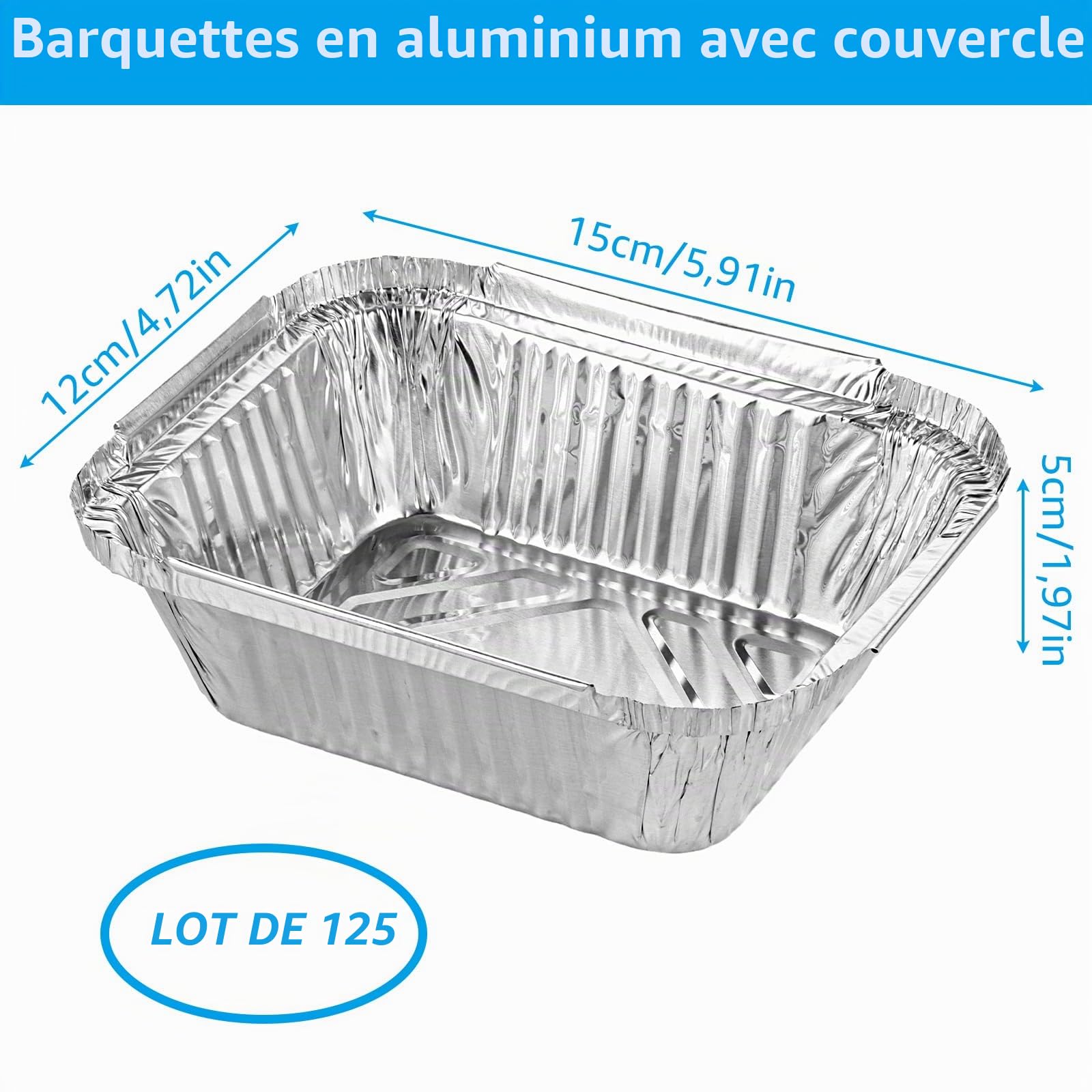 Lot de 125 barquettes en aluminium couvercle - 410 ml - Griller - 15 x 12 x 5 cm