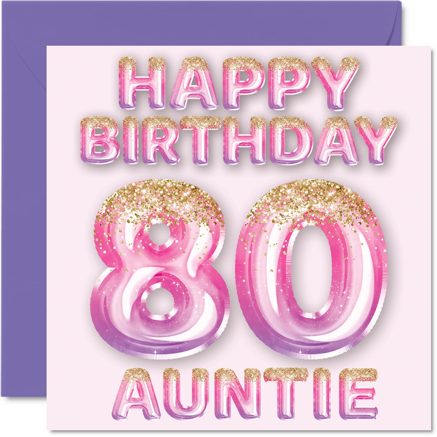 80th Birthday Card for Auntie - Pink & Purple Glitter Balloons - Happy Birthday Cards for 80 Year Old Aunt Aunty from Nephew Niece, 145mm Bday Greeting Cards Gift