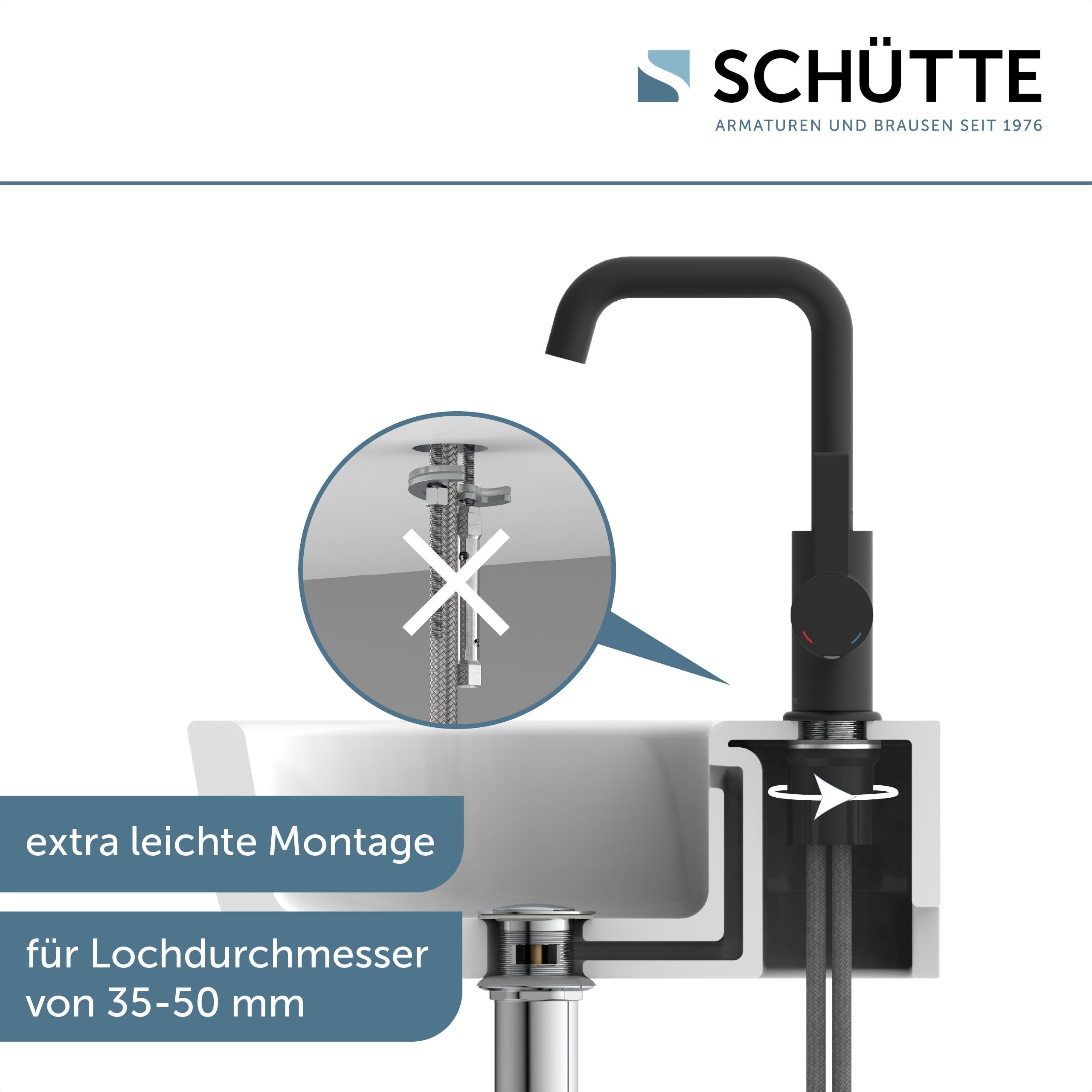 SCHÜTTE 33126 armatura umywalkowa LOS Angels z wysoką wylewką, kran do łazienki z mimośrodowym pop-up, wysoka armatura umywalkowa, armatura łazienkowa z mieszaczem jednouchwytowym, bateria mieszakowa