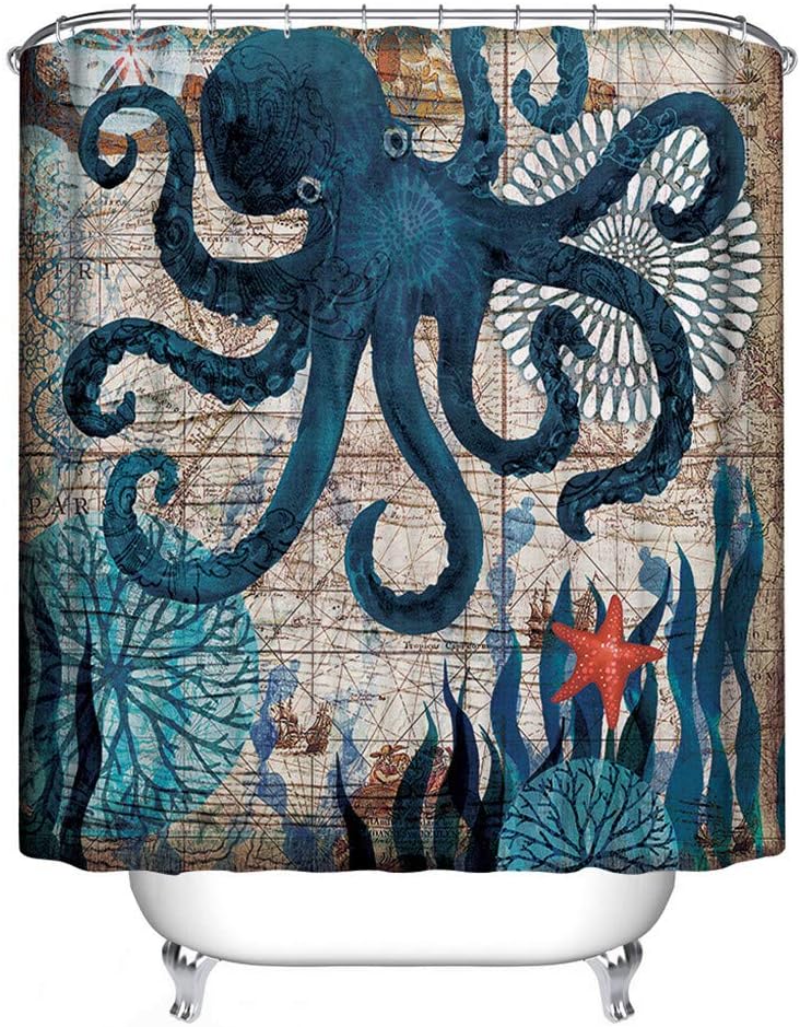 JMAHM Shower Curtain Ocean Mildew Resistant Polyester Shower Surtains Bathroom with 12 Hooks Bath Curtains Marine Organism Bathroom Curtains (180x180, Colorful-Octopus)