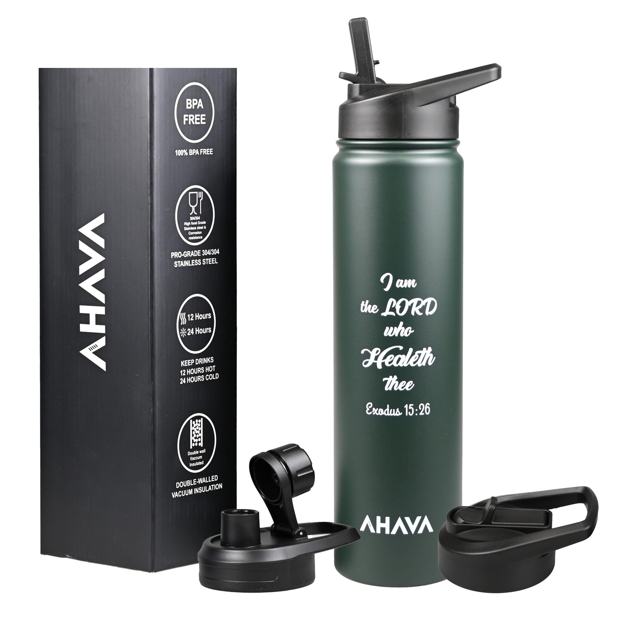 AHAVA Christian Gift Stainless Steel Hot Water Bottle, Dark Slate Green, 750 ml