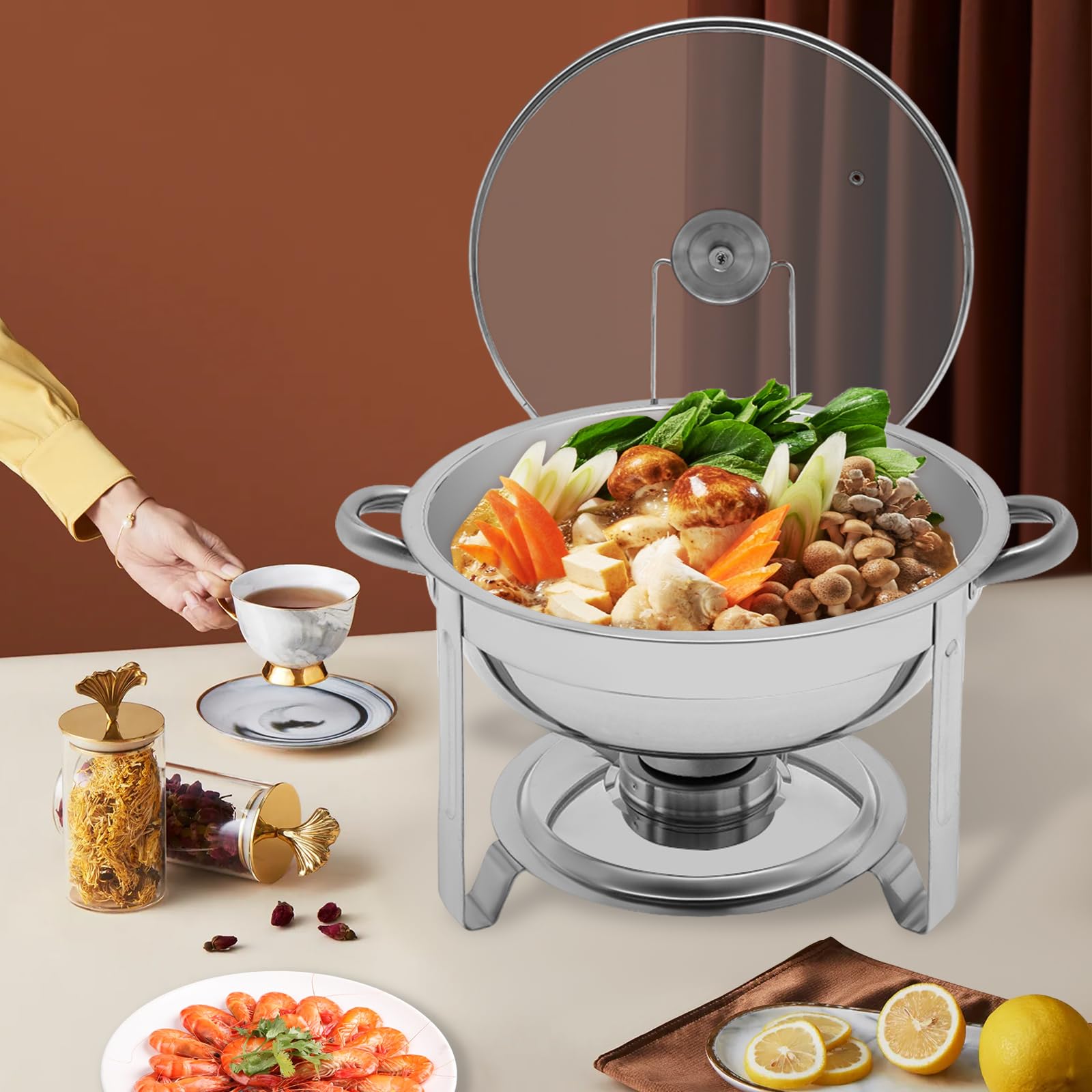 5.28QT - Set da buffet rotondo in acciaio inox, per catering, matrimoni, diametro 34 cm
