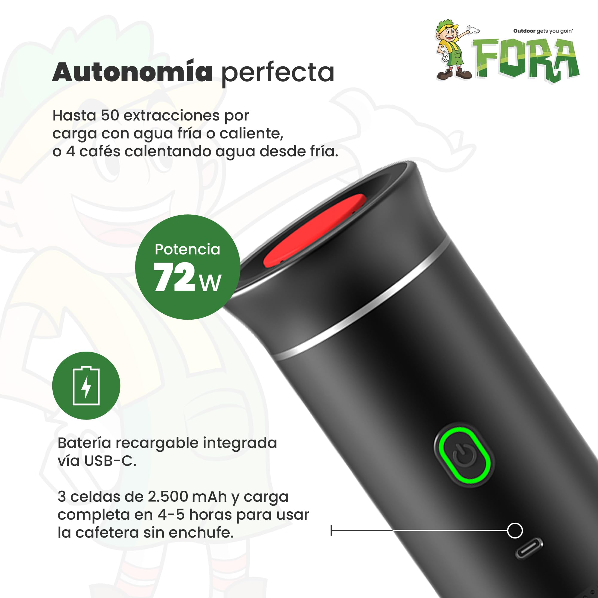 FORA Cafetera Portatil Espresso 3 en 1 - Capsulas y Cafe Molido, 20 Bares | Compatible Nespresso Original y Dolce Gusto. Bateria recargable USB-C, frio y caliente. Ideal coche, camping, oficina.