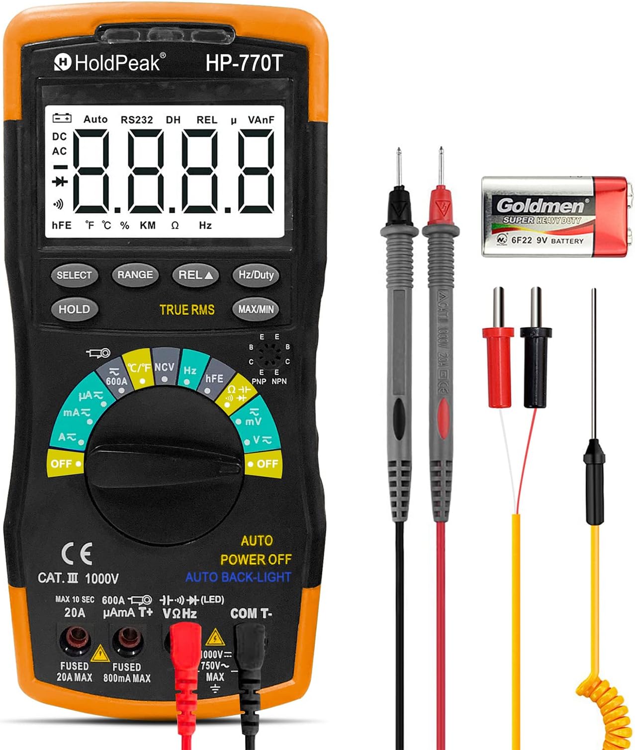 H HOLDPEAK HP-770T Digital Multimeter 6000 Counts TRMS DMM CATIII 1000V, Auto Ranging, Data Hold, NCV, AC/DC Amp Ohm Volt Meter hFE Diode LED Capacitor Tester with Thermometer and Backlit