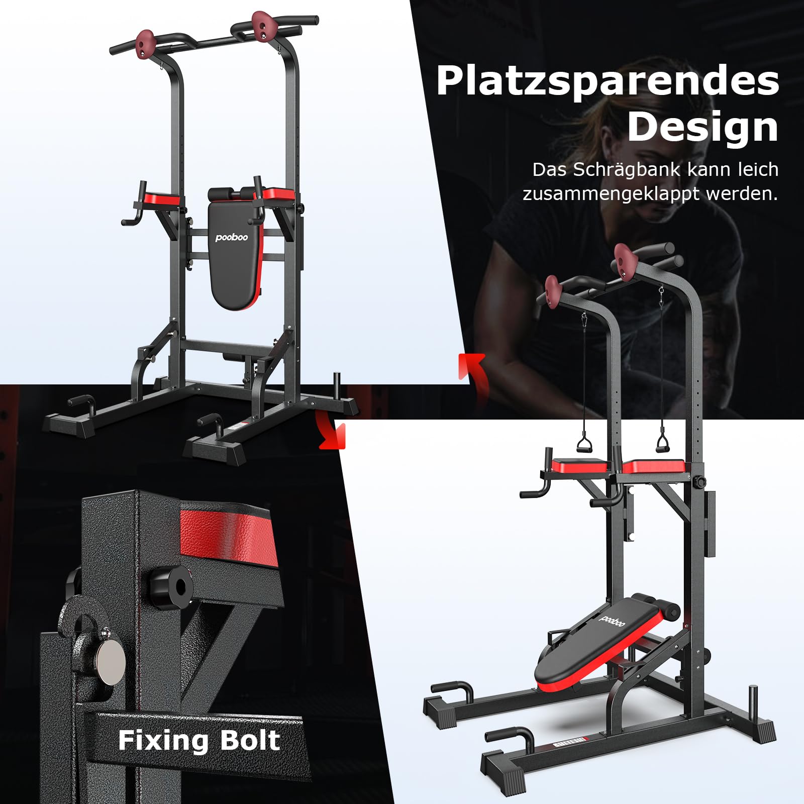 Pooboo Power Tower Dip Station Klimmzugstange für Fitness-Heimtraining, multifunktionales, höhenverstellbares Krafttrainingsgerät mit elastischen Seilen