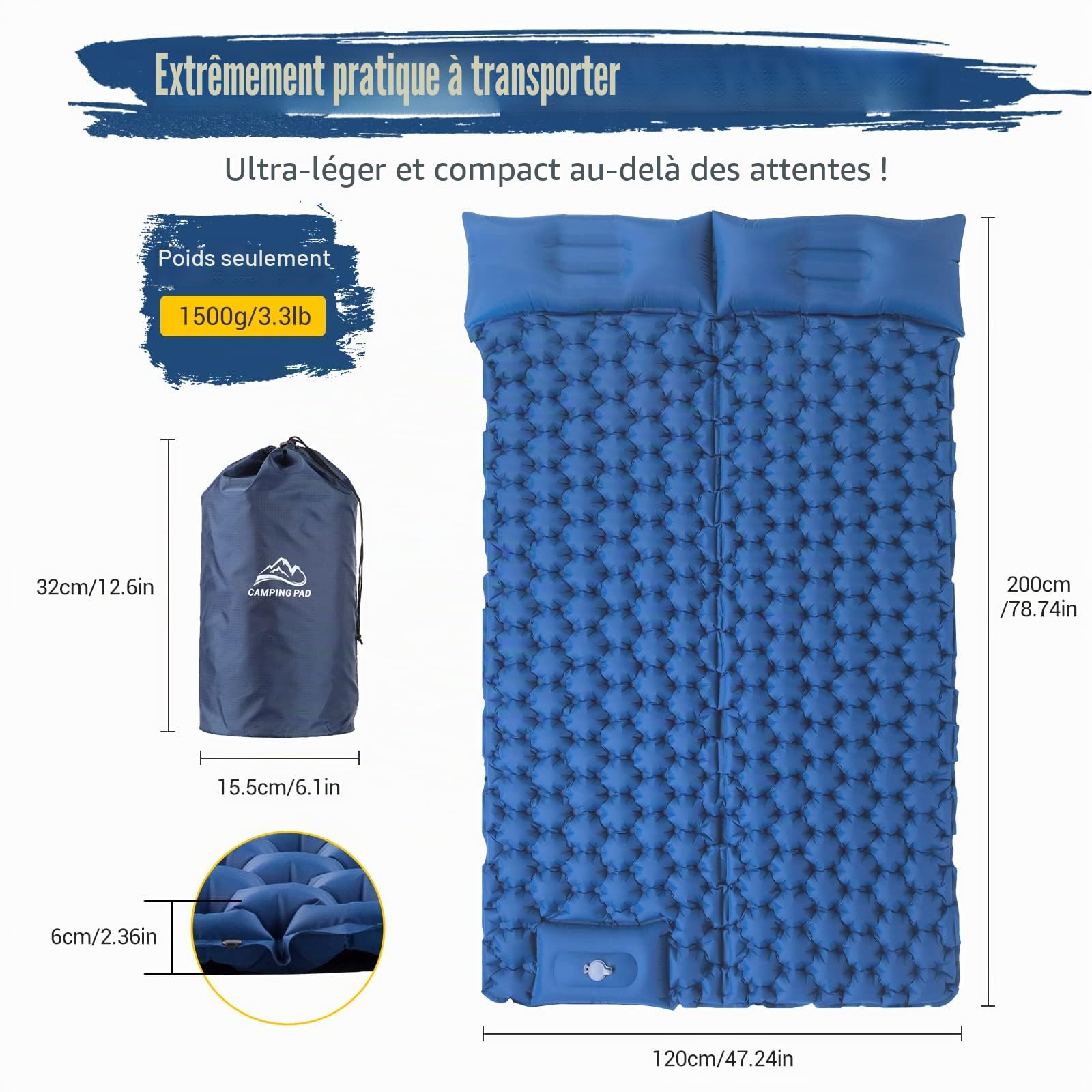Elegear Matelas Gonflable pour 2 Personnes - Tapis de Couchage Ultra Léger Sans Pompe pour Camping, Randonnée, Voyage, Plage - Accessoires de Camping