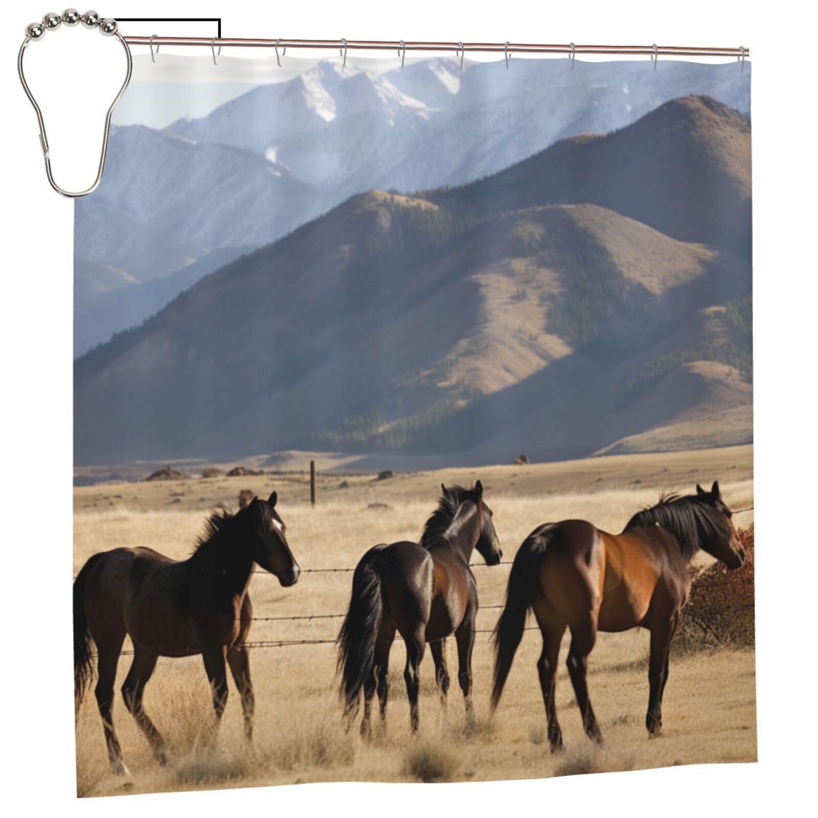BWWHCCTI Mountain Farm Horses Printed Shower Curtain With 12 Iron Hooks Opaque Quick Drying Waterproof Shower Curtains Sets For Bathroom 183x183 CM