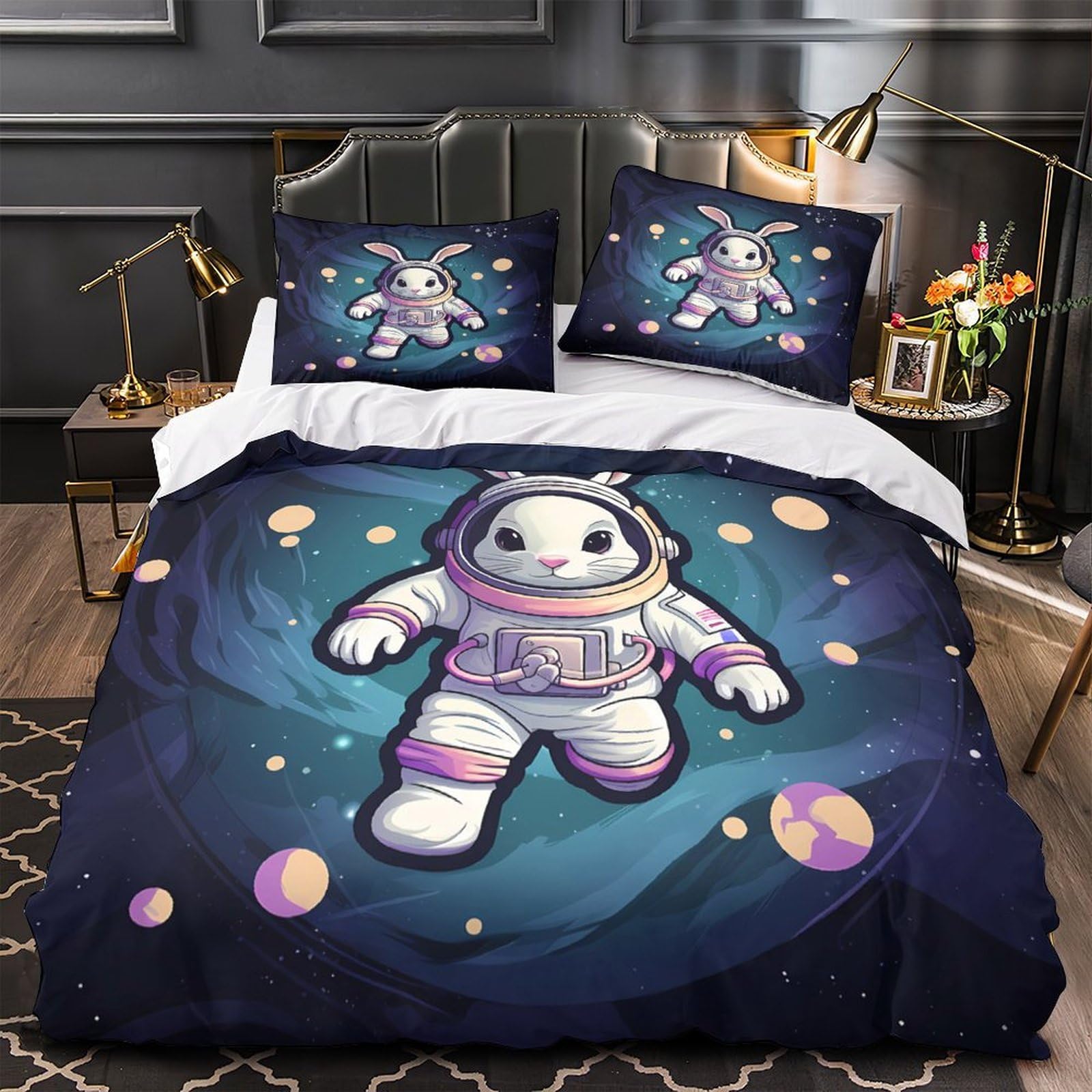 Lapin astronaute parure de lit 3D pour chambre d'enfant et ado galaxie