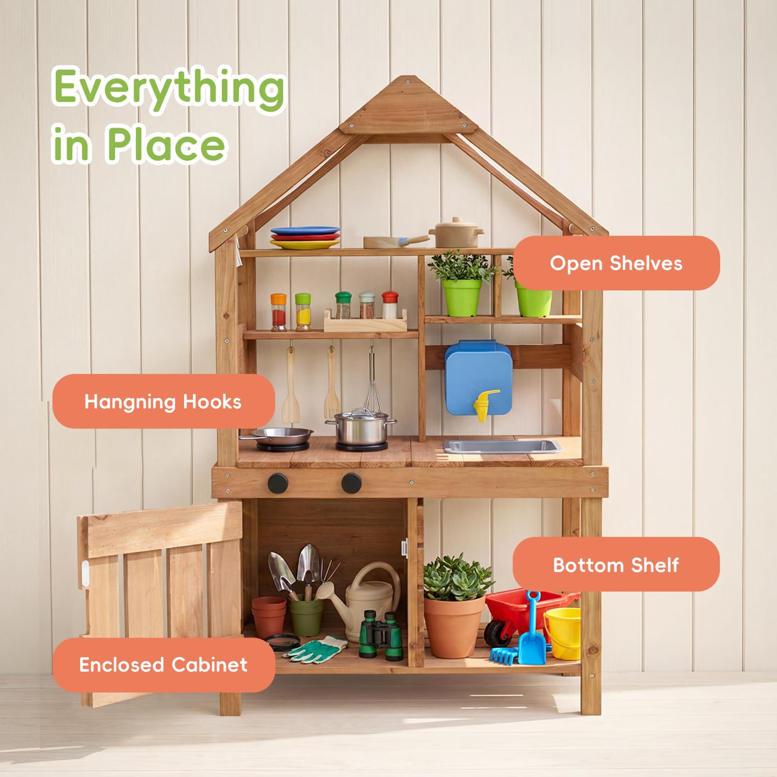 OOOK Outdoor Spielküche, Große Matschküche Outdoor aus Holz, Gartenspielküche mit Gartenspüle, Töpfen, Herd, Pflanztöpfe und Gartenwerkzeugen, Spielzeugküche für Kinder 3+