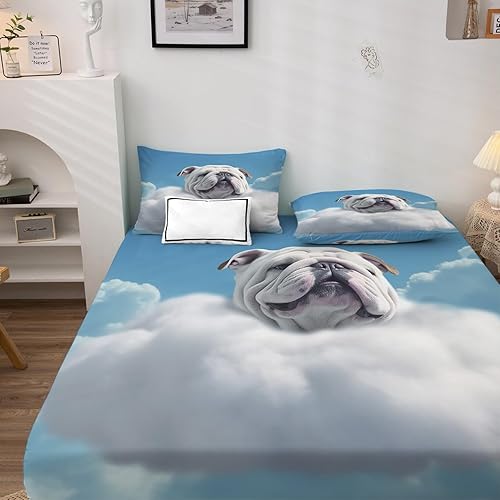 Miniatura 2 de Sábanas de bulldog francés tamaño King, sábanas de nube, sábanas y fundas de almohada estampadas de 4 piezas, sábana bajera ajustable de microfibra