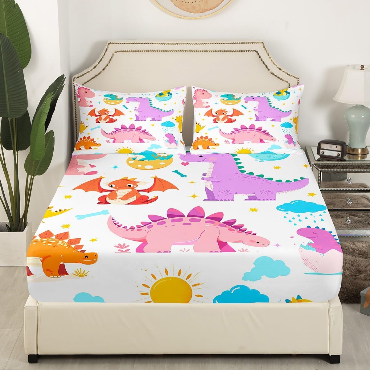 Colorful Dinosaur Kids Fitted Sheets Full Size,Cartoon Animals Bedding Set 3Pcs for Boys Teens Men Bedroom Decor,Flying Dragon Bed Sheet Cute Colorful Deep Pocket Sheet,2 Pillowcases