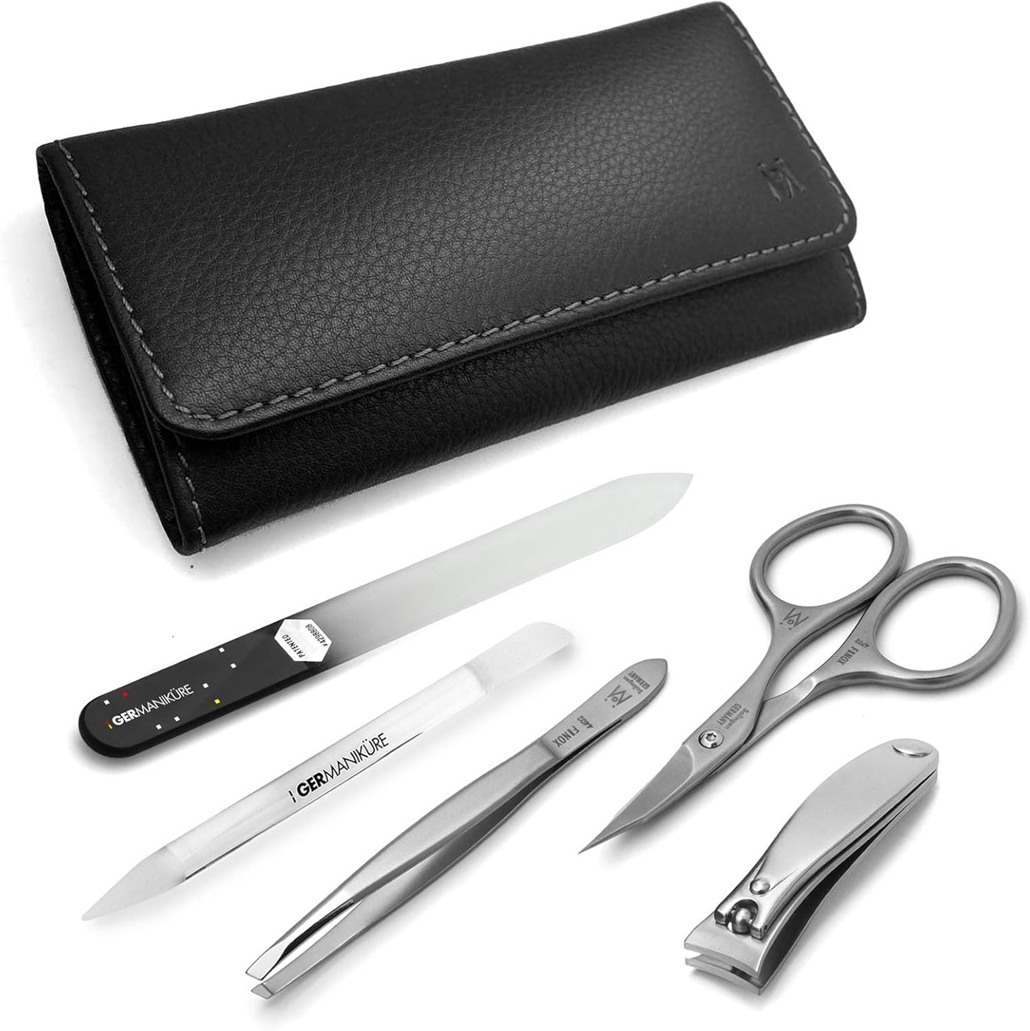 GERMANIKURE 5pc Manicure Set - Handmade in Solingen Germany, FINOX Stainless Steel: Nail Clipper, Combination Scissor, Slanted Tweezer, Czech Glass Nail File and Cuticle Stick in Leather Case