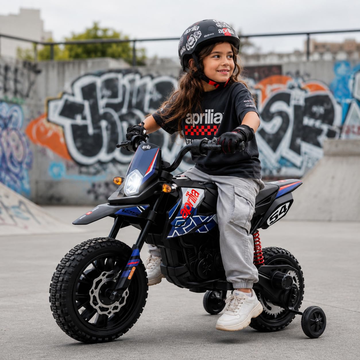 Moto elettrica per bambini 12 V Aprilia RX 125 Cross a batteria per bambini blu con sospensione posteriore luci LED e musica